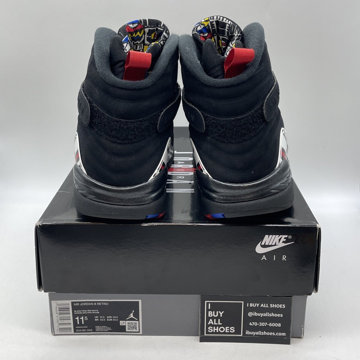 Size 11.5 - Jordan 8 Retro Mid Playoff Black White Red Suede (305381-062)