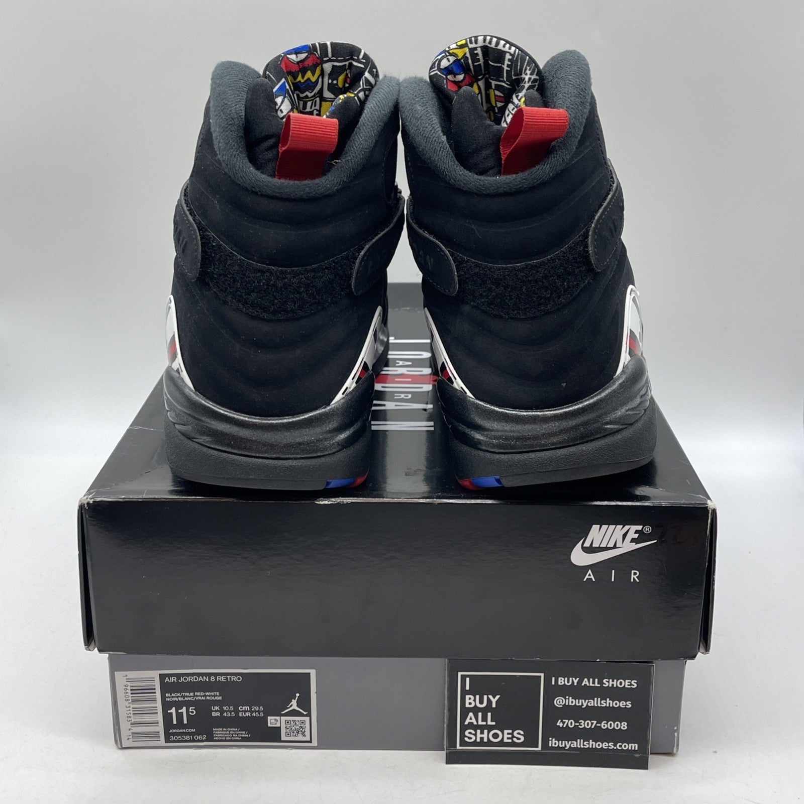 Size 11.5 - Jordan 8 Retro Mid Playoff Black White Red Suede (305381-062)