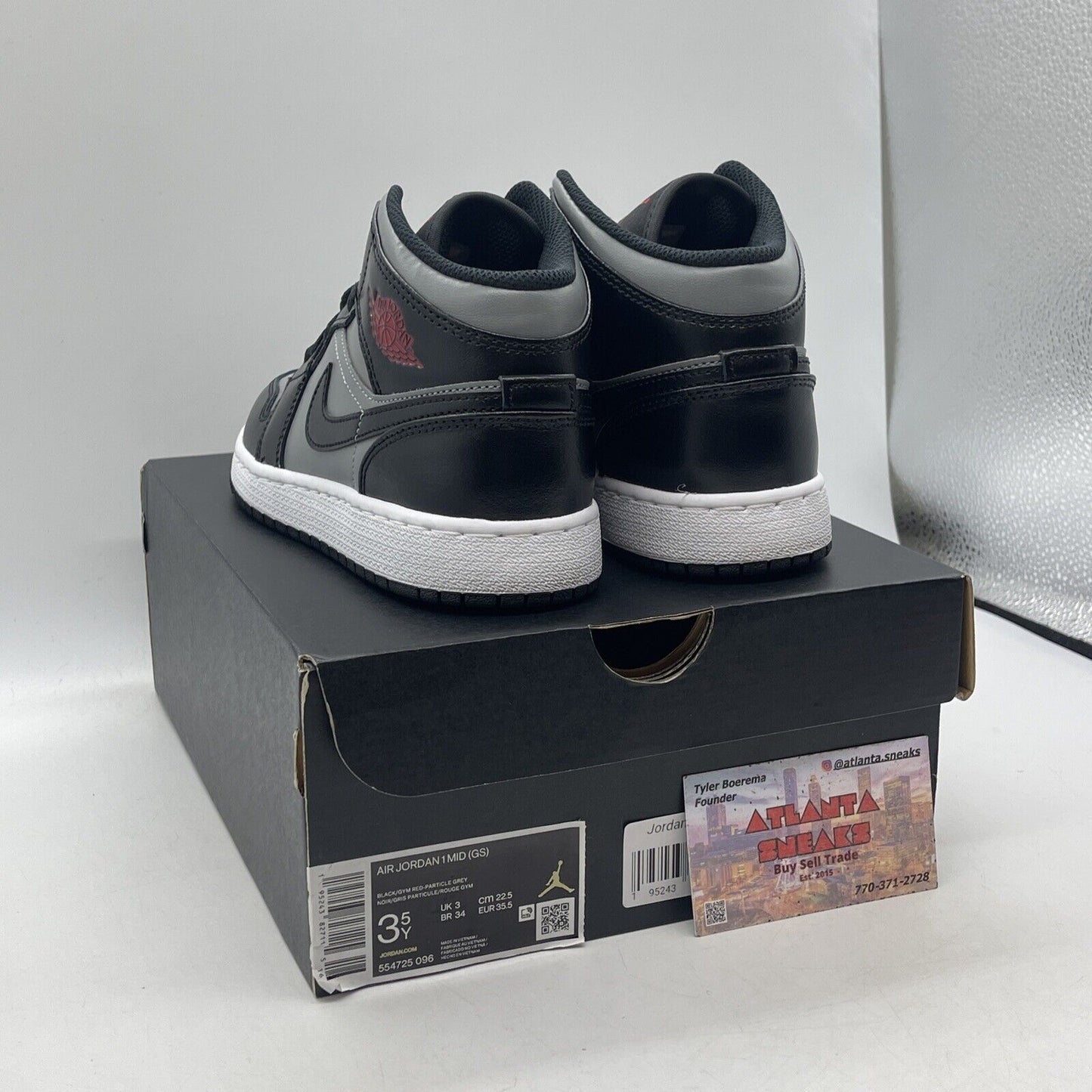 Size 3.5Y - Jordan 1 Mid Black Shadow Grey White Leather (554725-096)