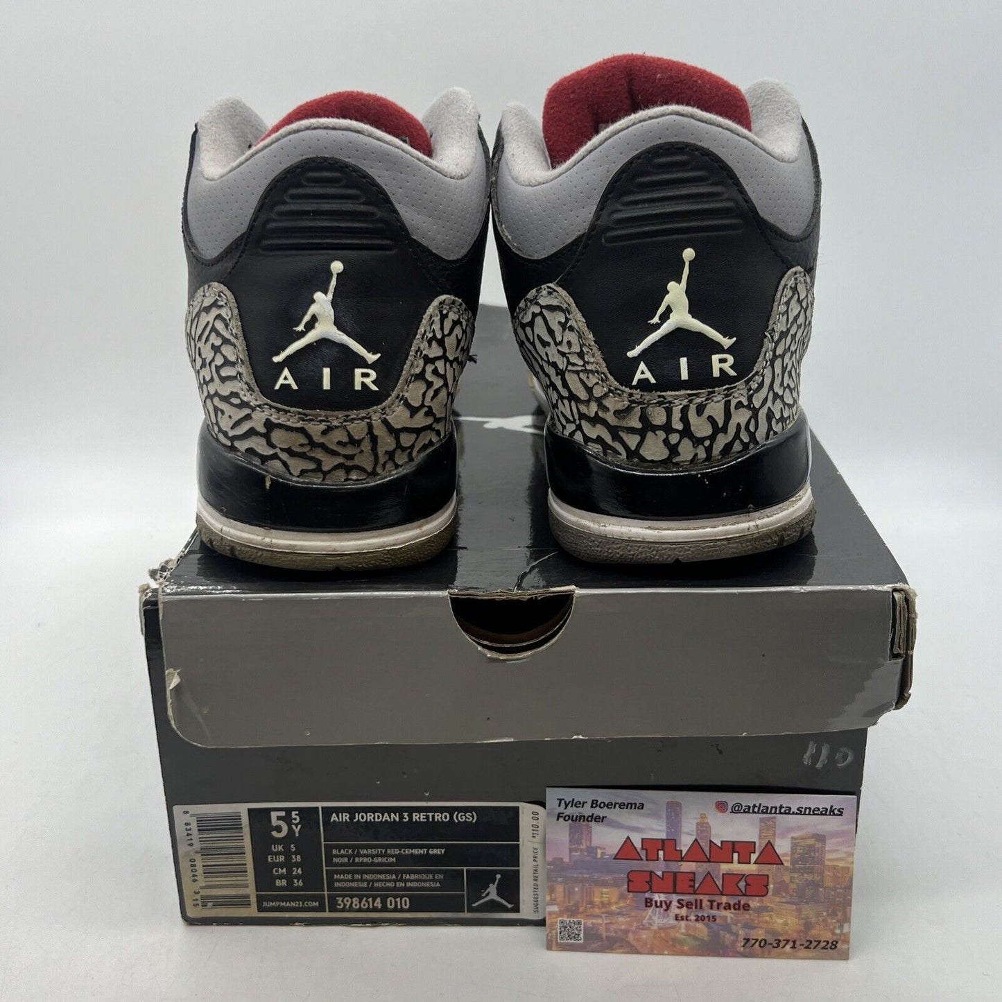 Air Jordan 3  Retro OG Black Cement 2010 Size 5.5Y Grey Red Leather (398614-010)