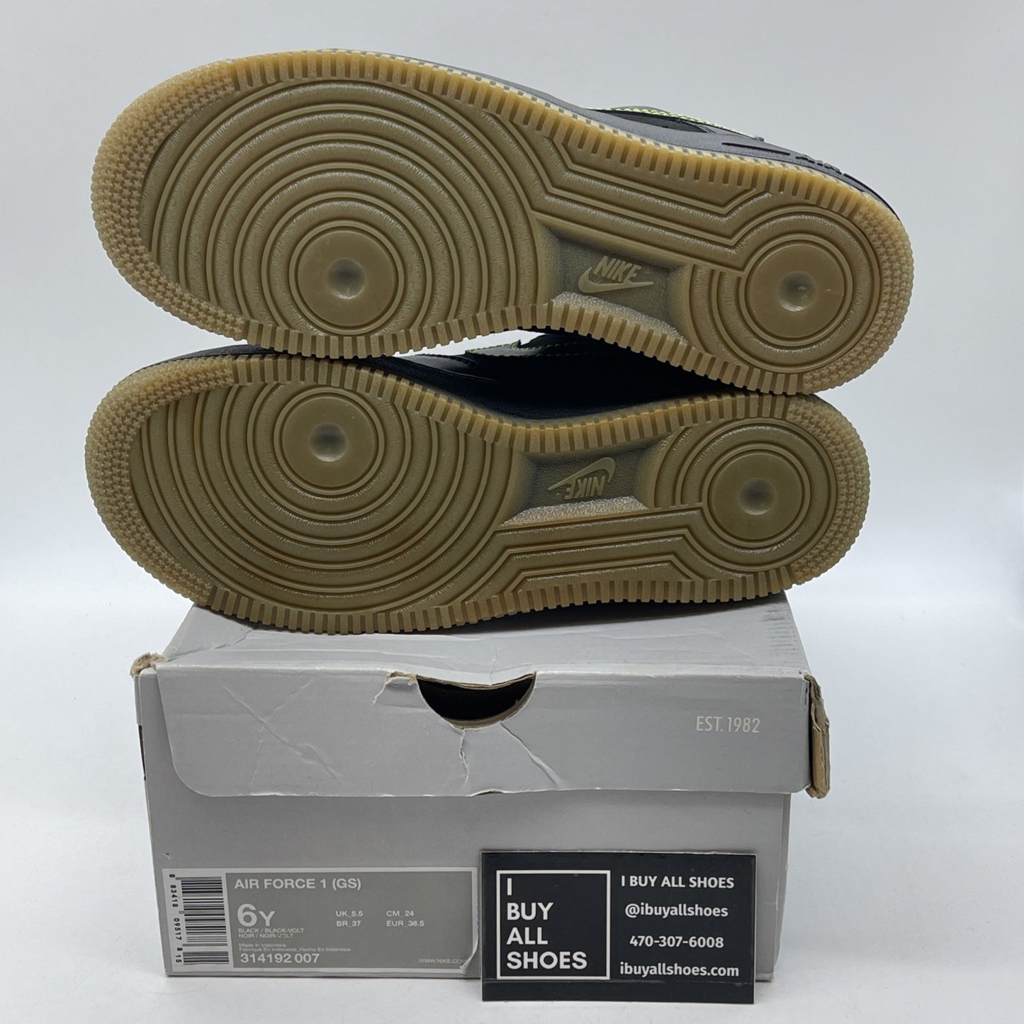 Size 6Y - Nike Air Force 1 Black Volt GS Kids Sneakers Neon Green (314192-007)