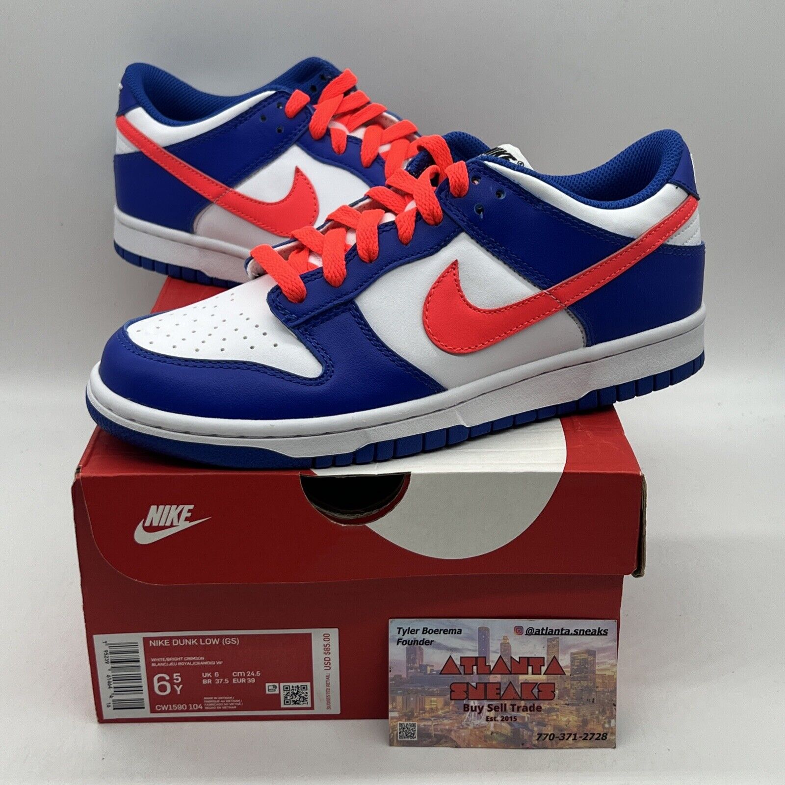 Nike Dunk Low Bright Crimson White Game Royal Blue Shoes Size 6.5 Y CW1590-104