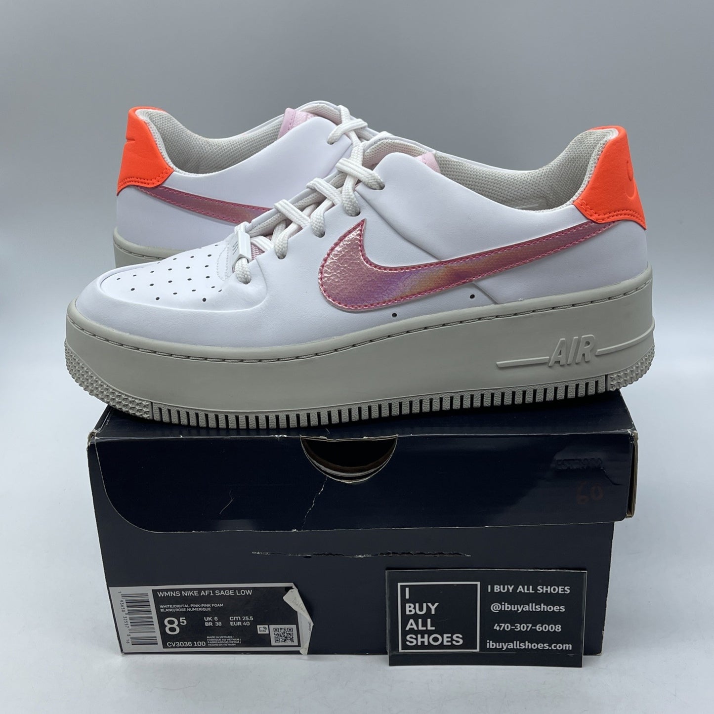 Size 8.5W - Nike Air Force 1 Sage Low White Pink Orange Leather (CV3036-100)