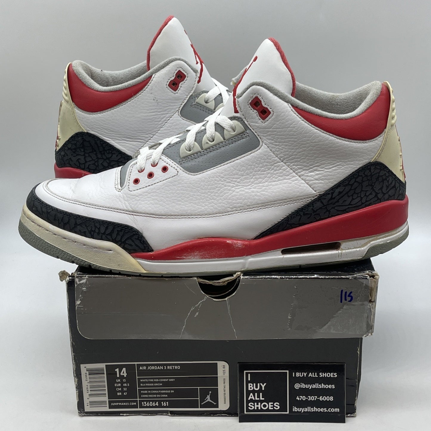 Size 14 - Air Jordan 3 Retro 2007 Fire Red White Grey Leather (136064-161)