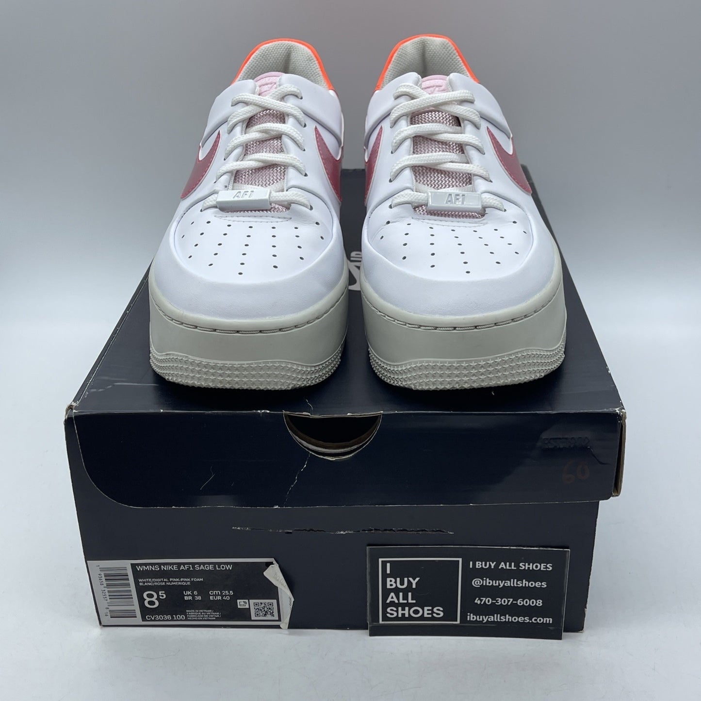 Size 8.5W - Nike Air Force 1 Sage Low White Pink Orange Leather (CV3036-100)