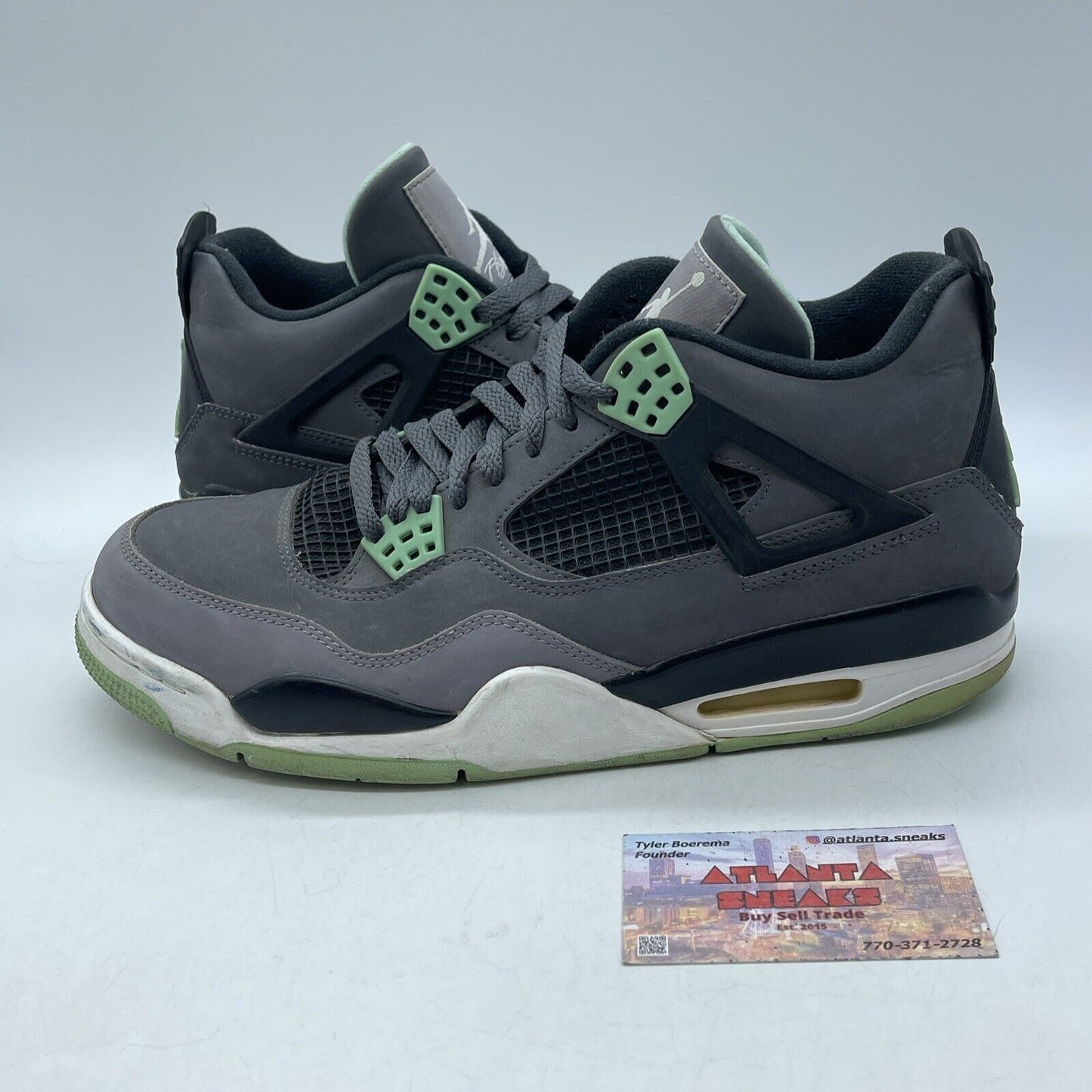 Size 10.5 - Jordan 4 Retro Green Glow Grey Suede Black Leather (308497-033)