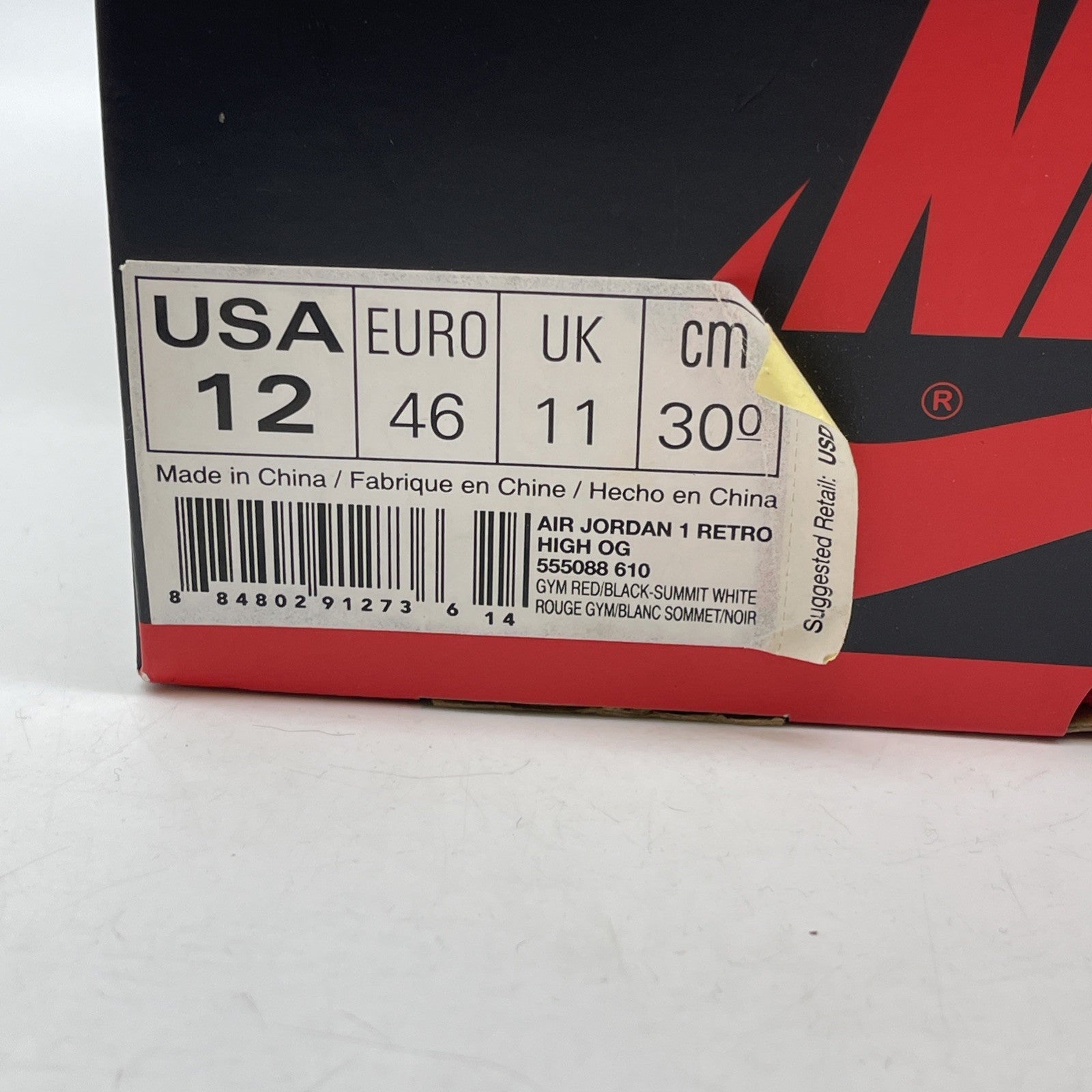 Size 12 - Jordan 1 Retro OG High Bred Toe Black Red Leather (555088-610)