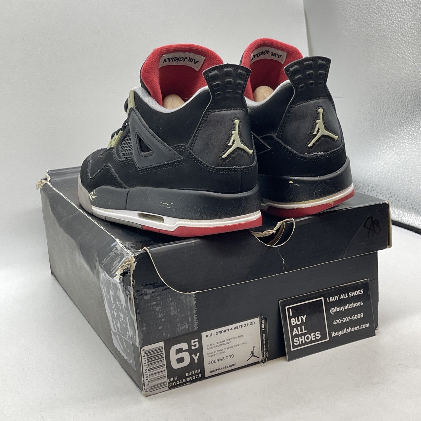 Size 6.5Y - Jordan 4 Retro bred release Black Grey Suede Leather (408452-089)