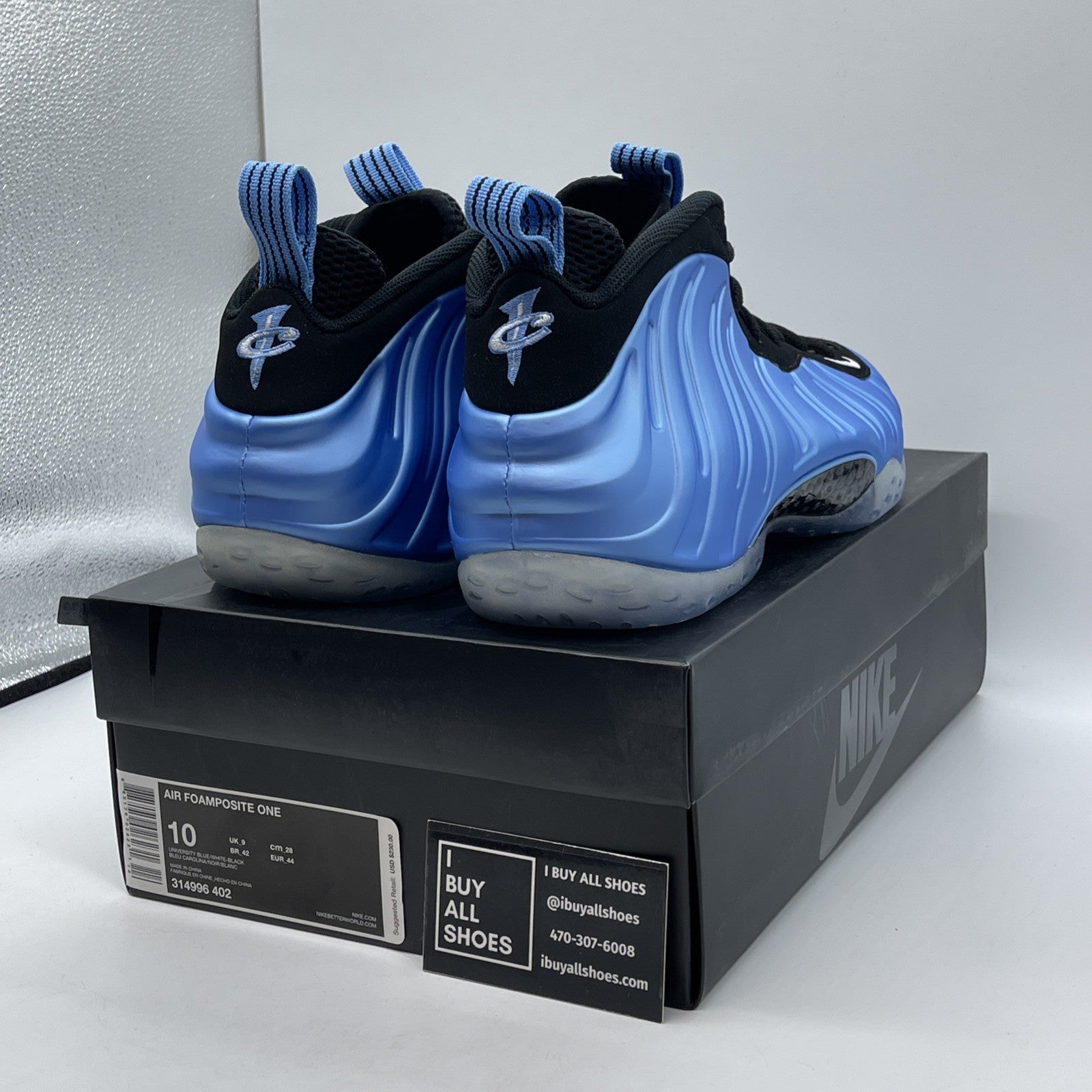 Size 10 - Nike Air Foamposite One University Blue Black Suede (314996-402)