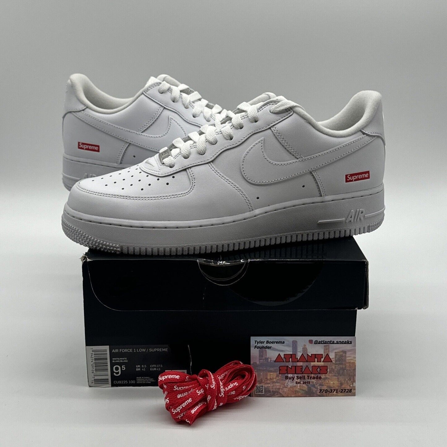 Size 9.5 - Nike Air Force 1 x Supreme Low Box Logo - White Iconic Premium lthr