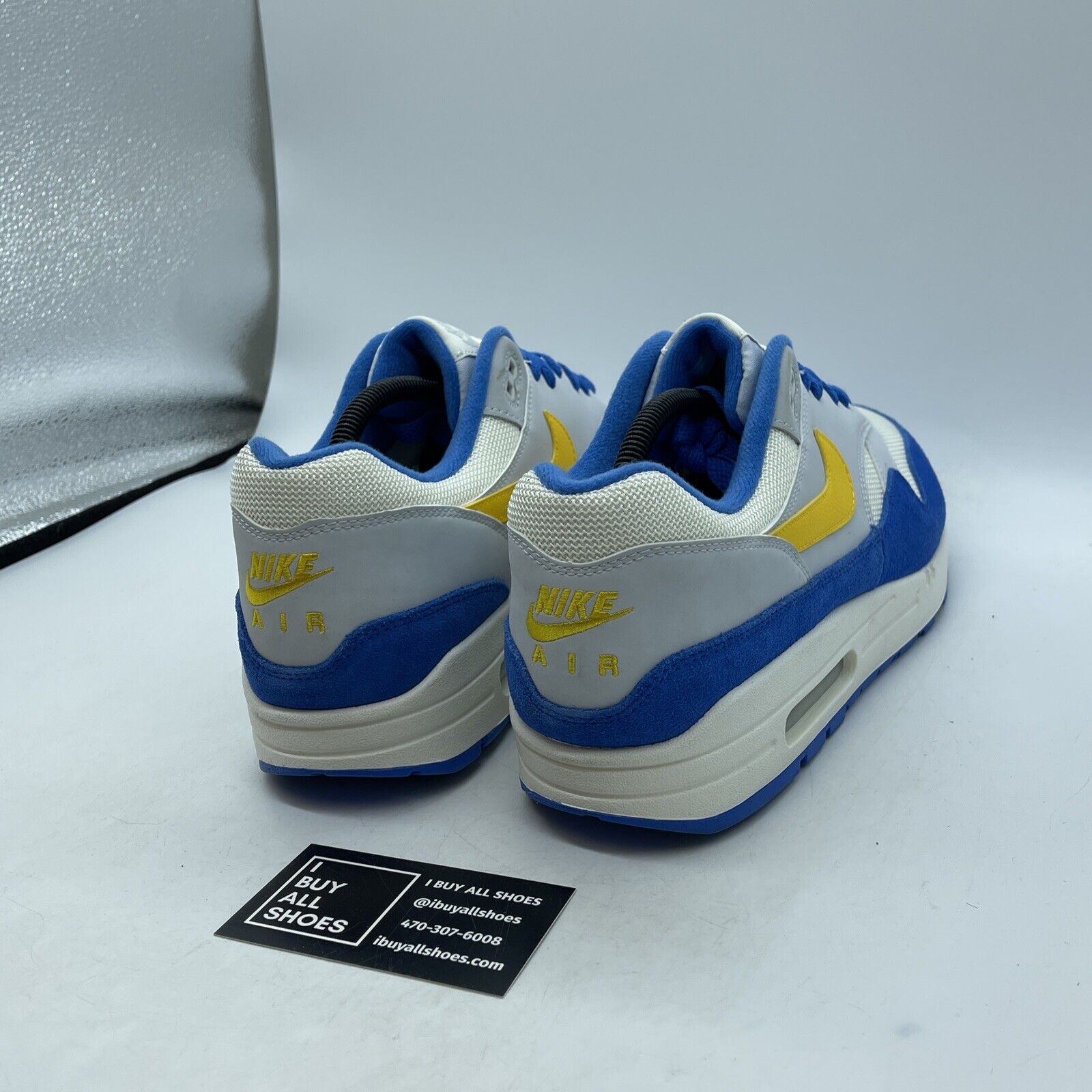 Size 11.5 - Nike Air Max 1 Signal Blue White Suede Yellow Grey (AH8145-108)