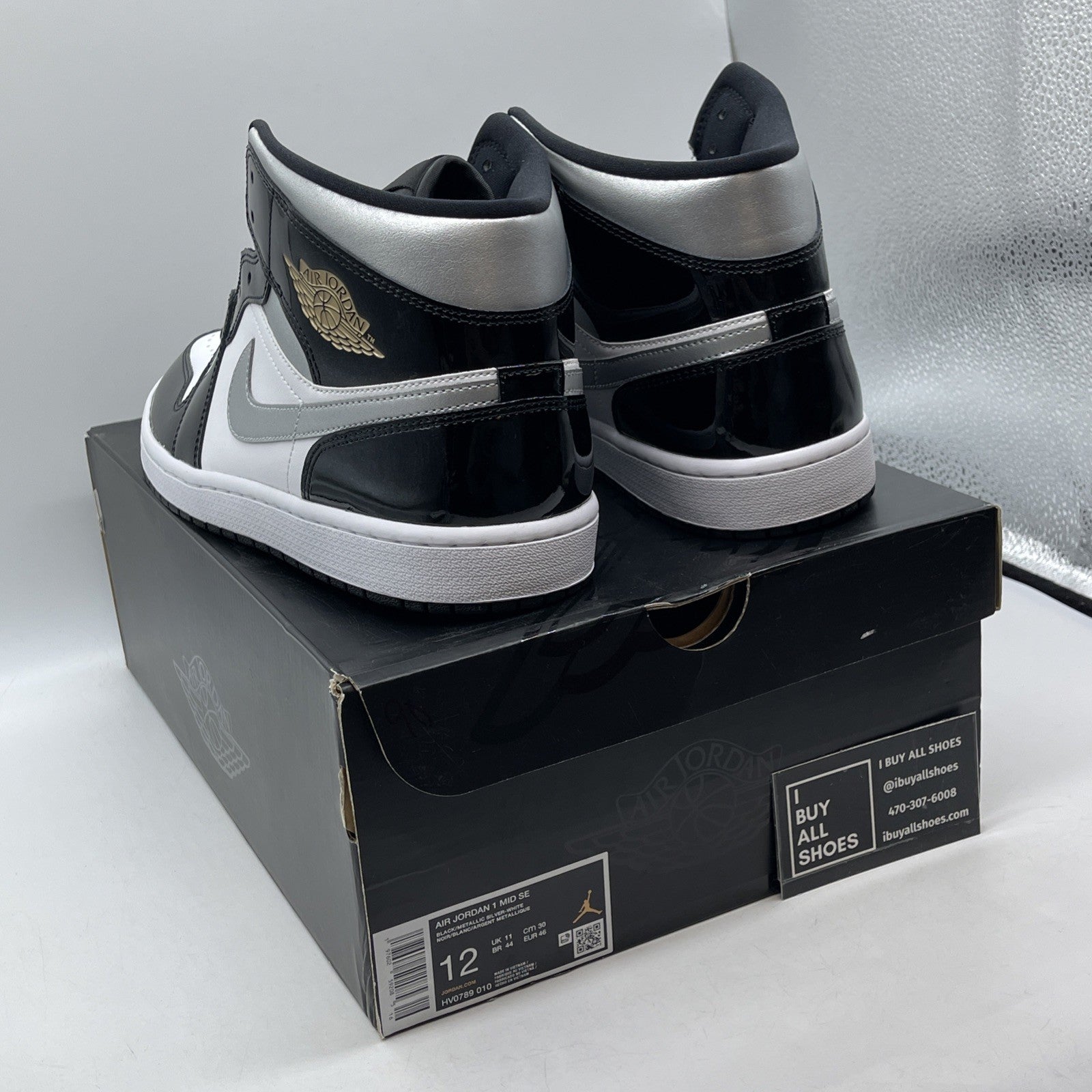 Size 12 - Air Jordan 1 SE Mid Black White Metallic Silver Leather (HV0789-010)