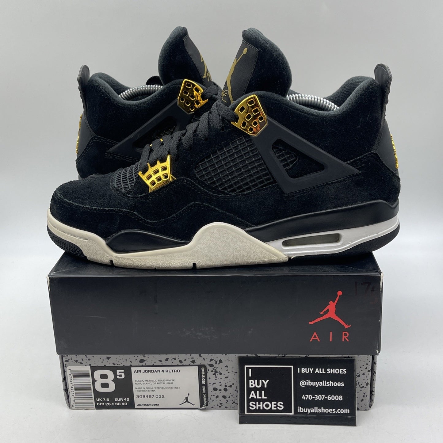 Size 8.5 - Jordan 4 Retro Royalty Black Gold Suede (308497-032)