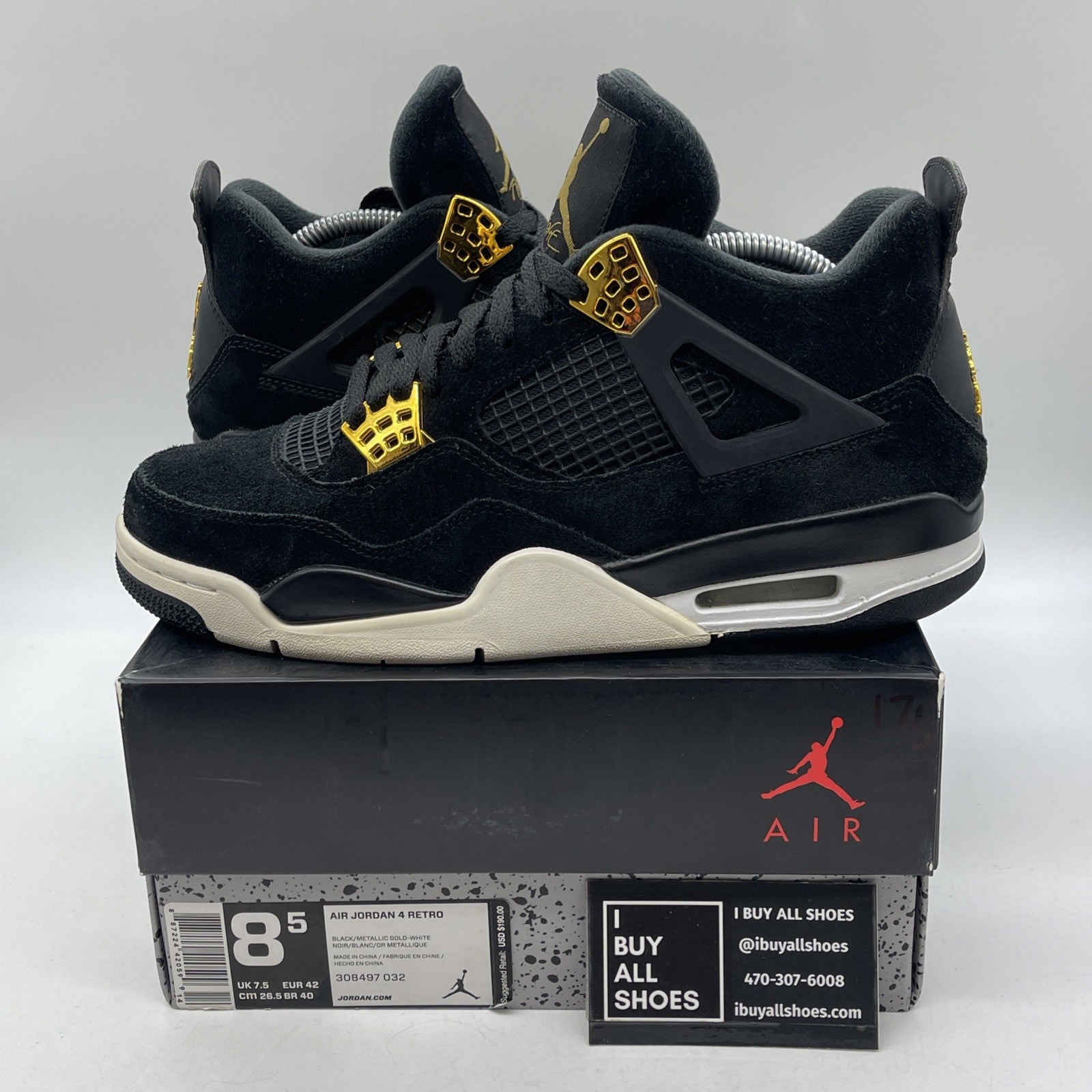Size 8.5 - Jordan 4 Retro Royalty Black Gold Suede (308497-032)