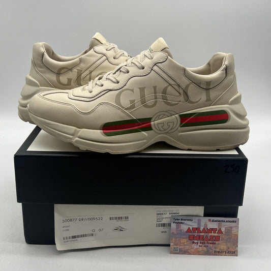 Size 7.5 - Gucci Cream Leather Rhyton Lace Up Sneakers