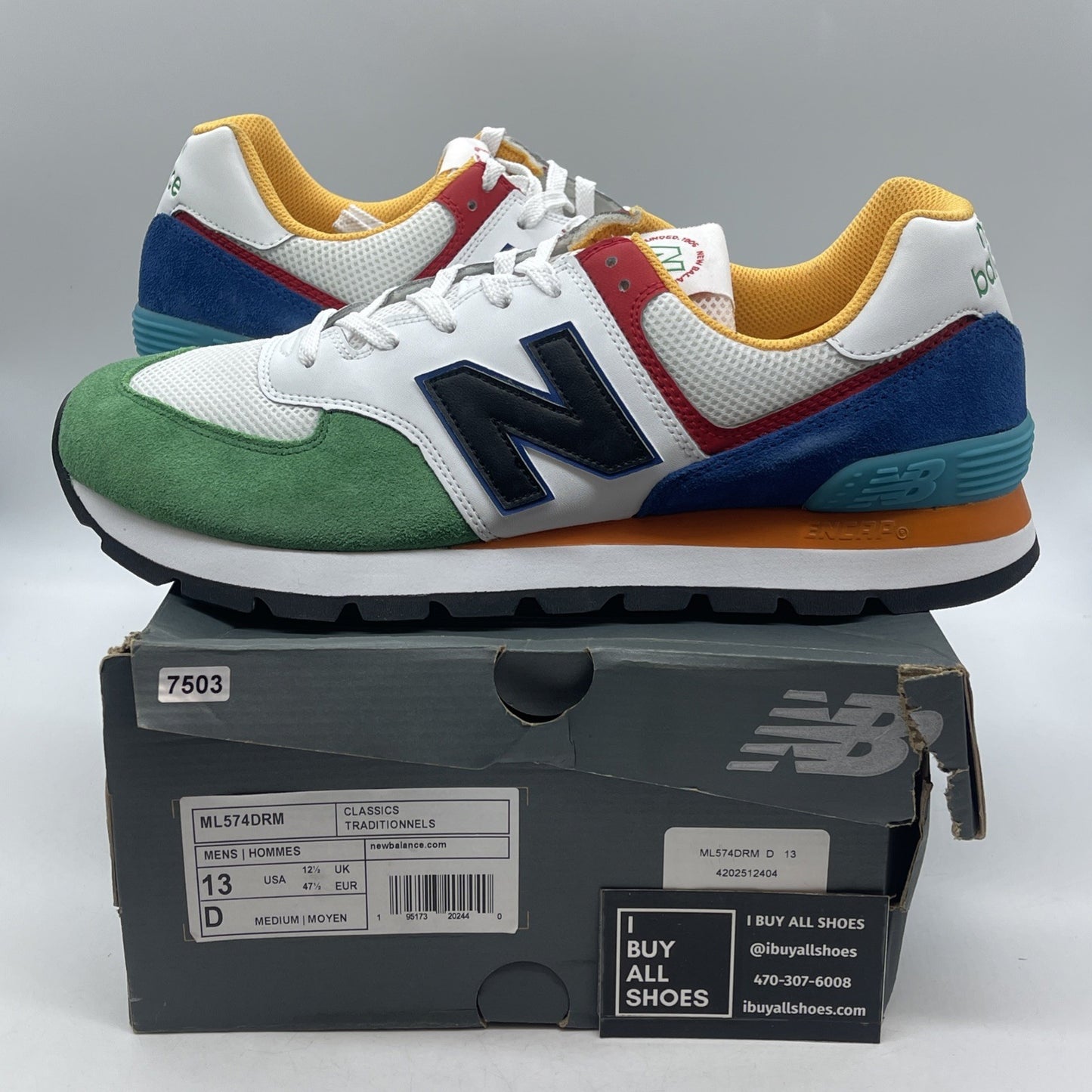 Size 13 - New Balance 574 Rugged White Varsity Green (ML574DRM)