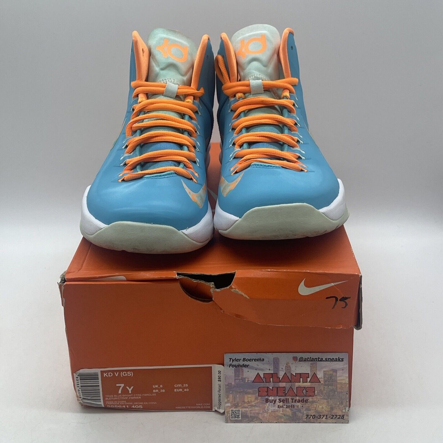 Size 7Y- Nike KD 5 Easter Blue Orange White Leather Suede (554988-402)