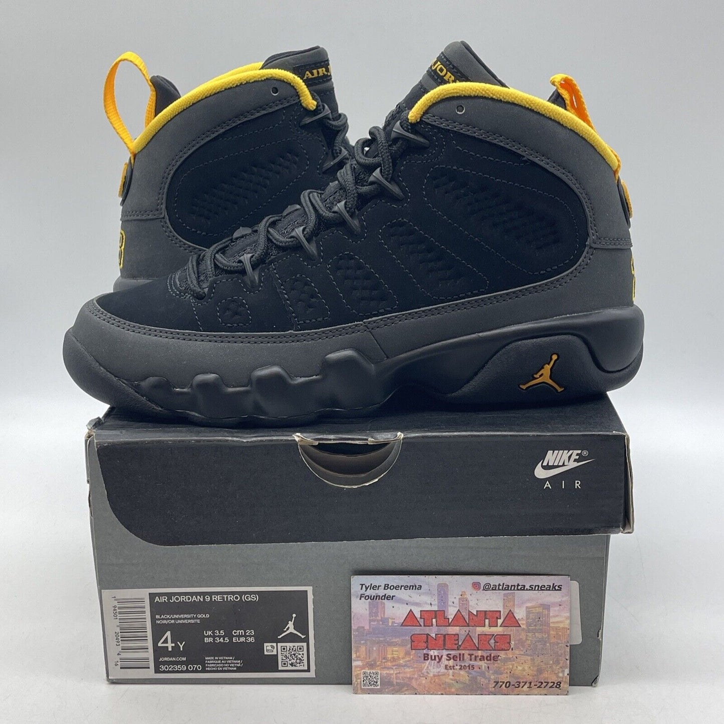 Size 4Y(GS) - Jordan 9 Retro Mid Dark Charcoal University Gold (302359-070)