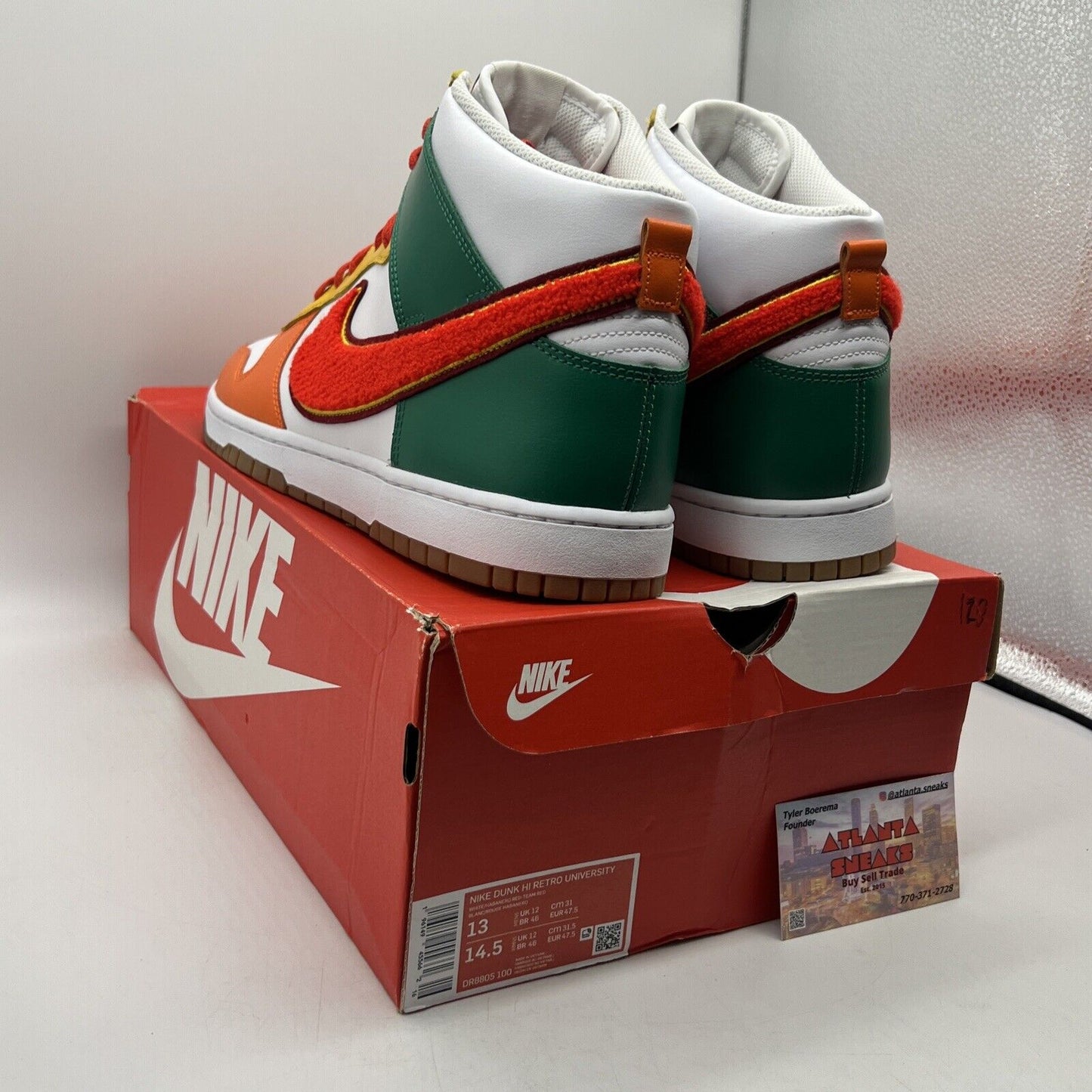 Size 13 - Nike Dunk High Chenille Swoosh White Green Orange Yellow Leather Gum
