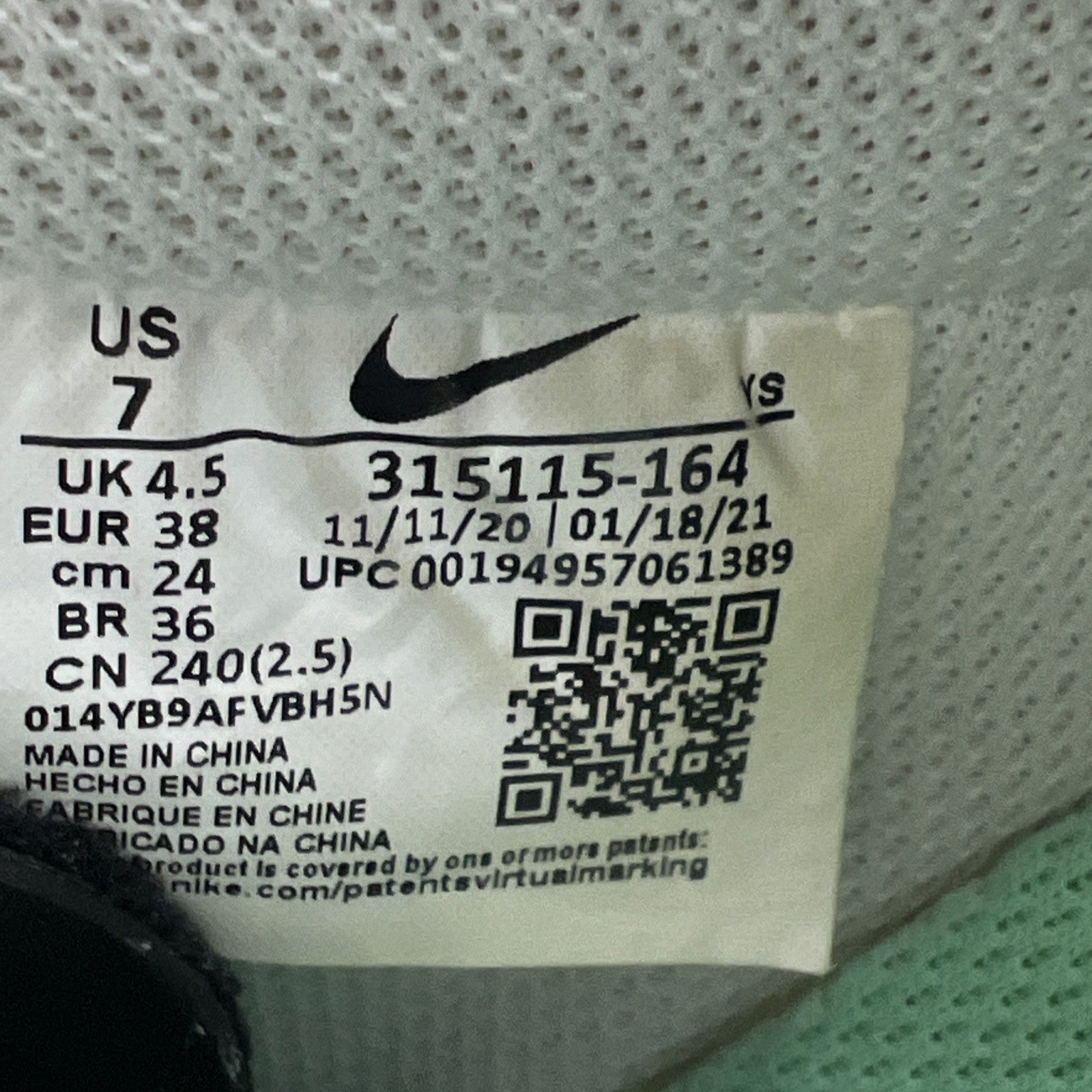 Size 7 - Nike Air Force 1 '07 White Green Glow W (315115-164)