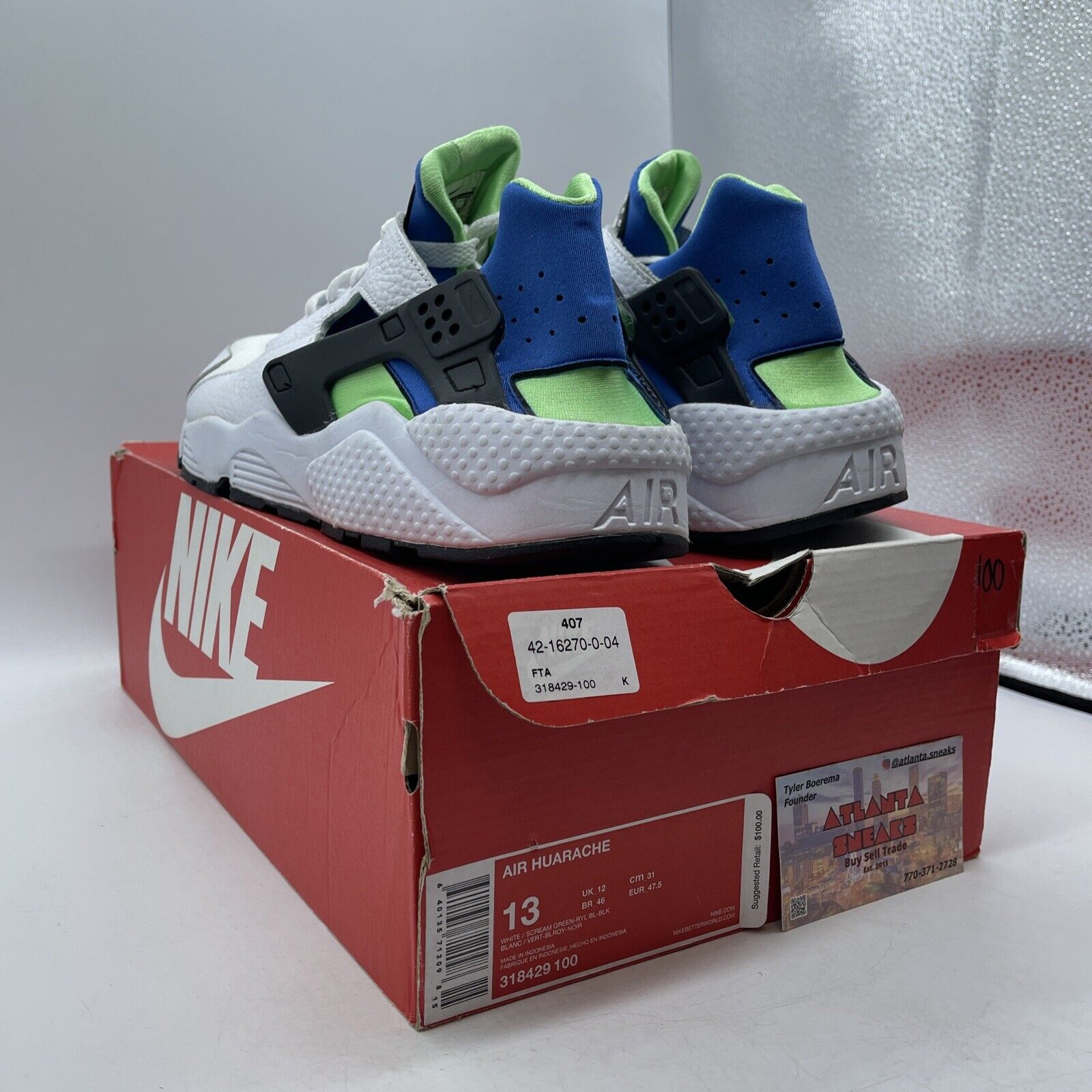 Size 13 - Nike Air Huarache Scream Green Blue White Black (318429-100)