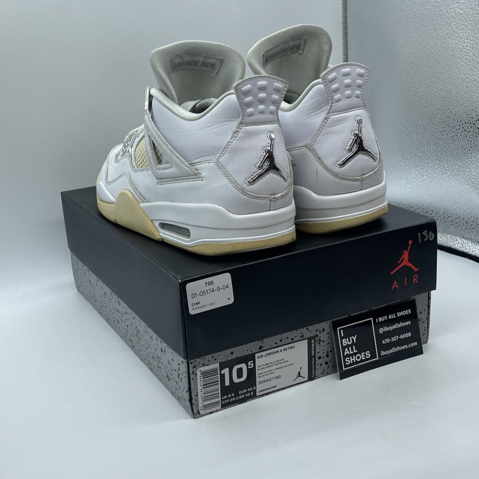 Size 10.5 - Jordan 4 Retro Mid Pure Money White Silver Leather (308497-100)
