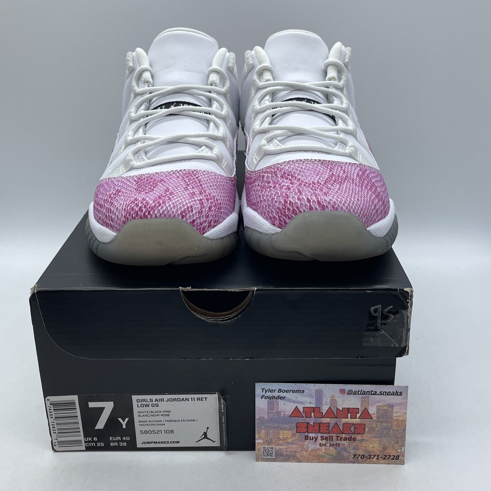 Size 7Y -  Air Jordan 11 Low Pink Snakeskin Pink White Leather (580521-108)