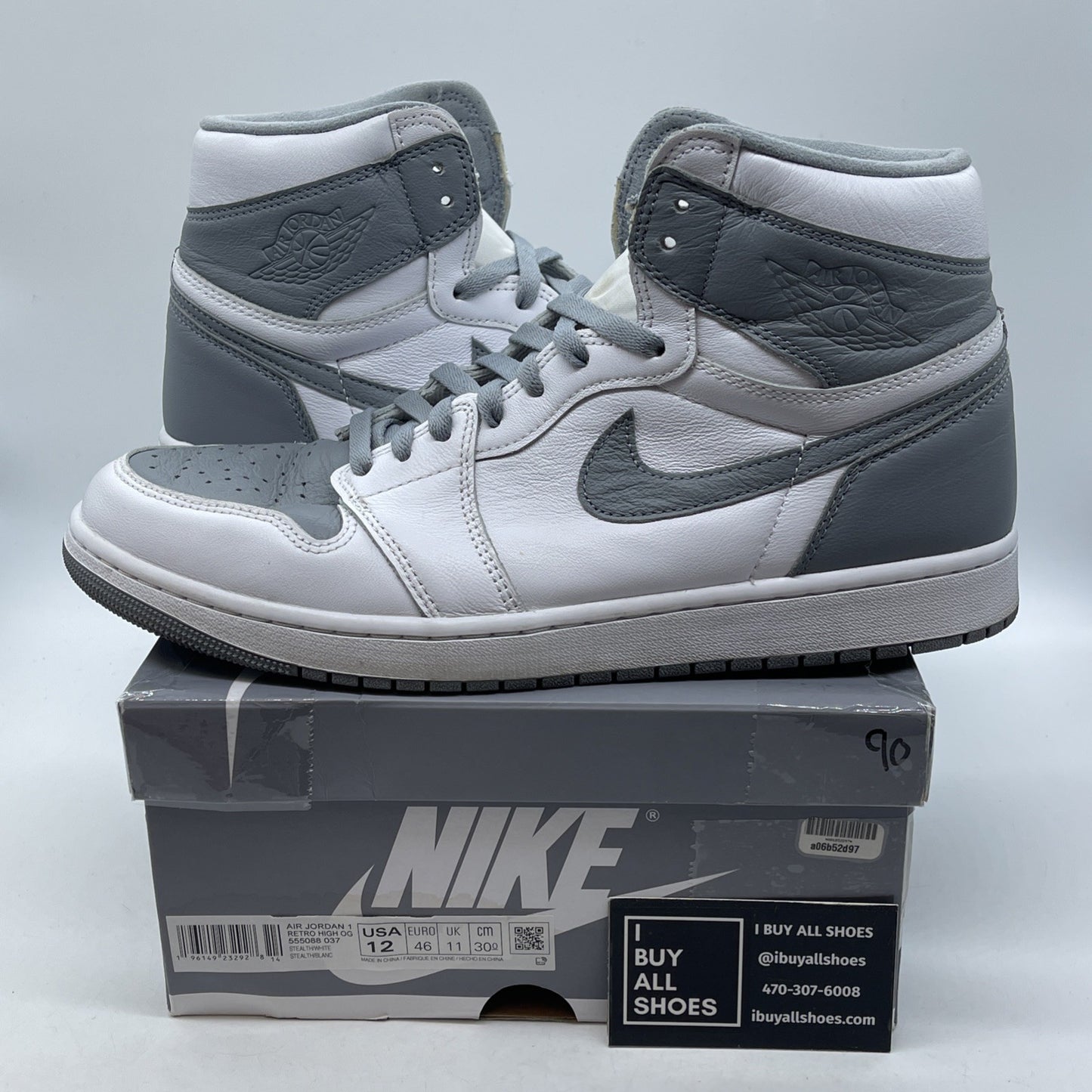 Size 12 - Jordan 1 Retro High OG Stealth Grey White Leather (555088-037)