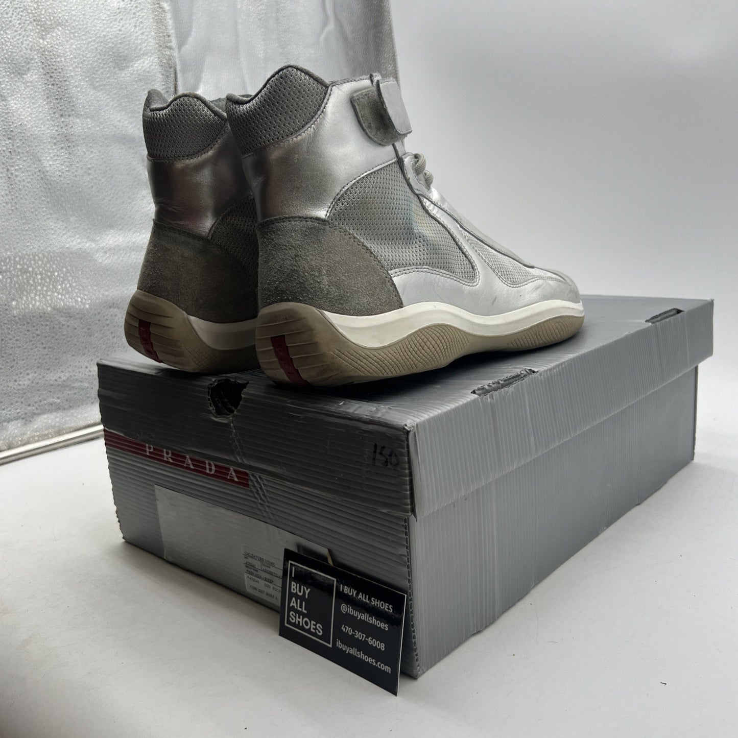 Size 6 - PRADA SPORT America's Cup Silver Leather Nylon Mesh Ankle Sneakers