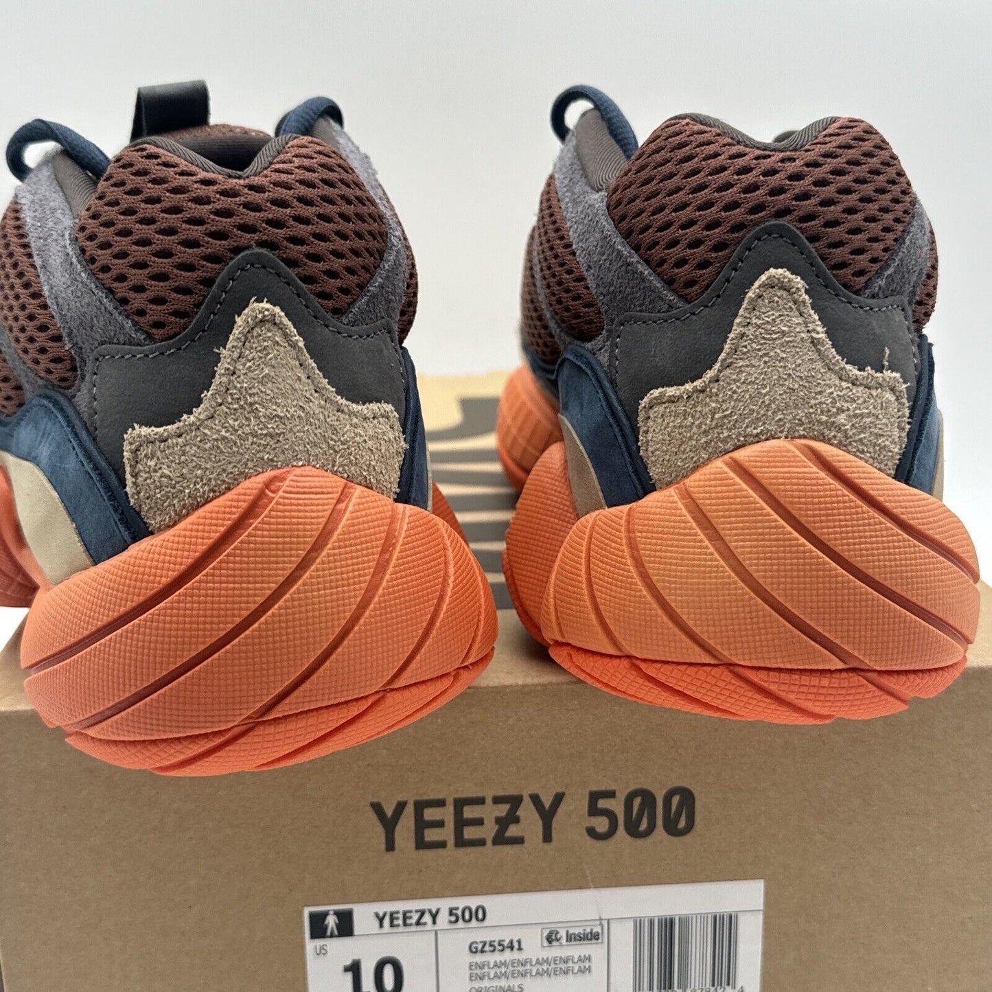 Size 10 - adidas Yeezy 500 Enflame Orange Sole Brown Sides Blue Mesh Navy Leathr