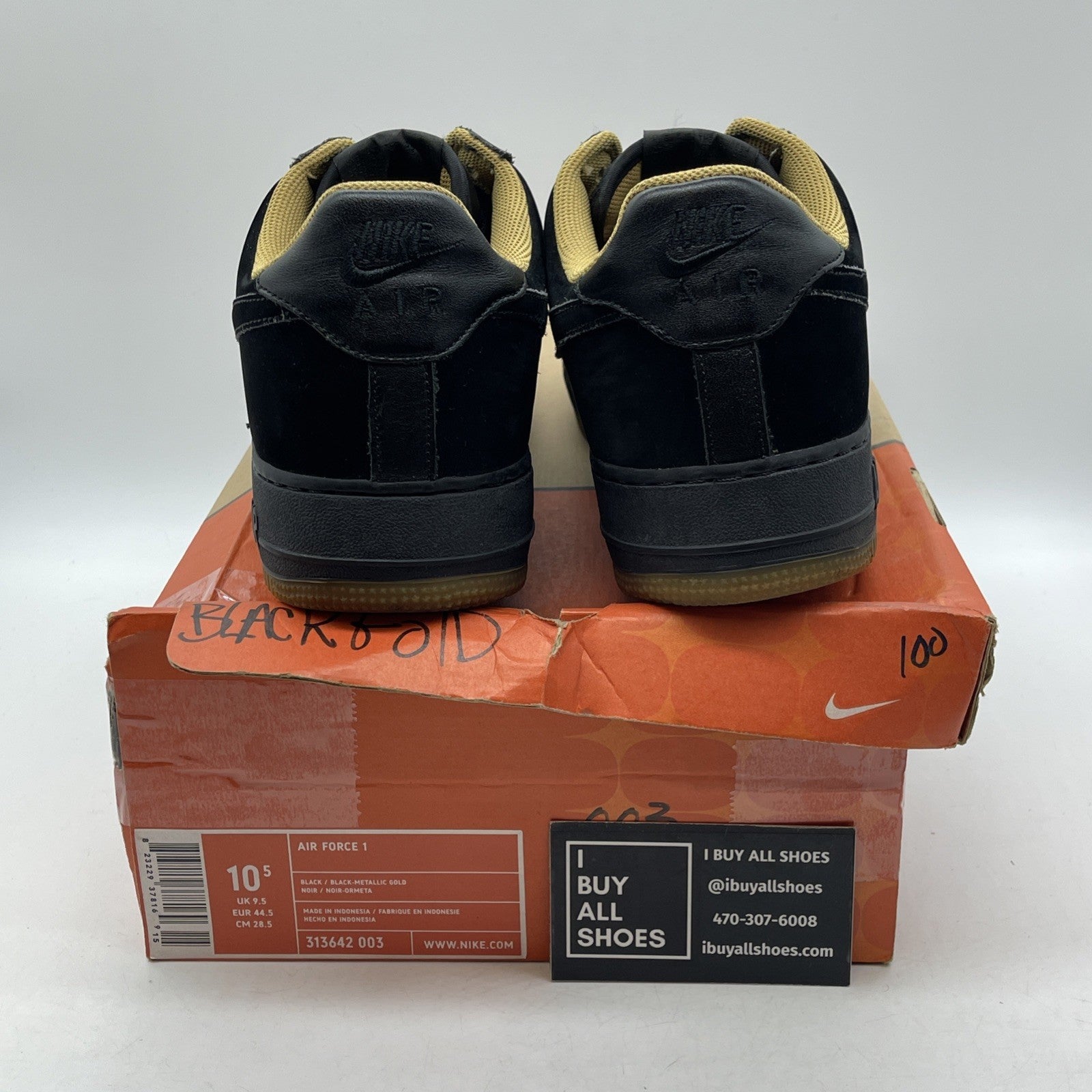 Size 10.5 - Nike Air Force 1 Black Gold Suede Leather (313642-003)