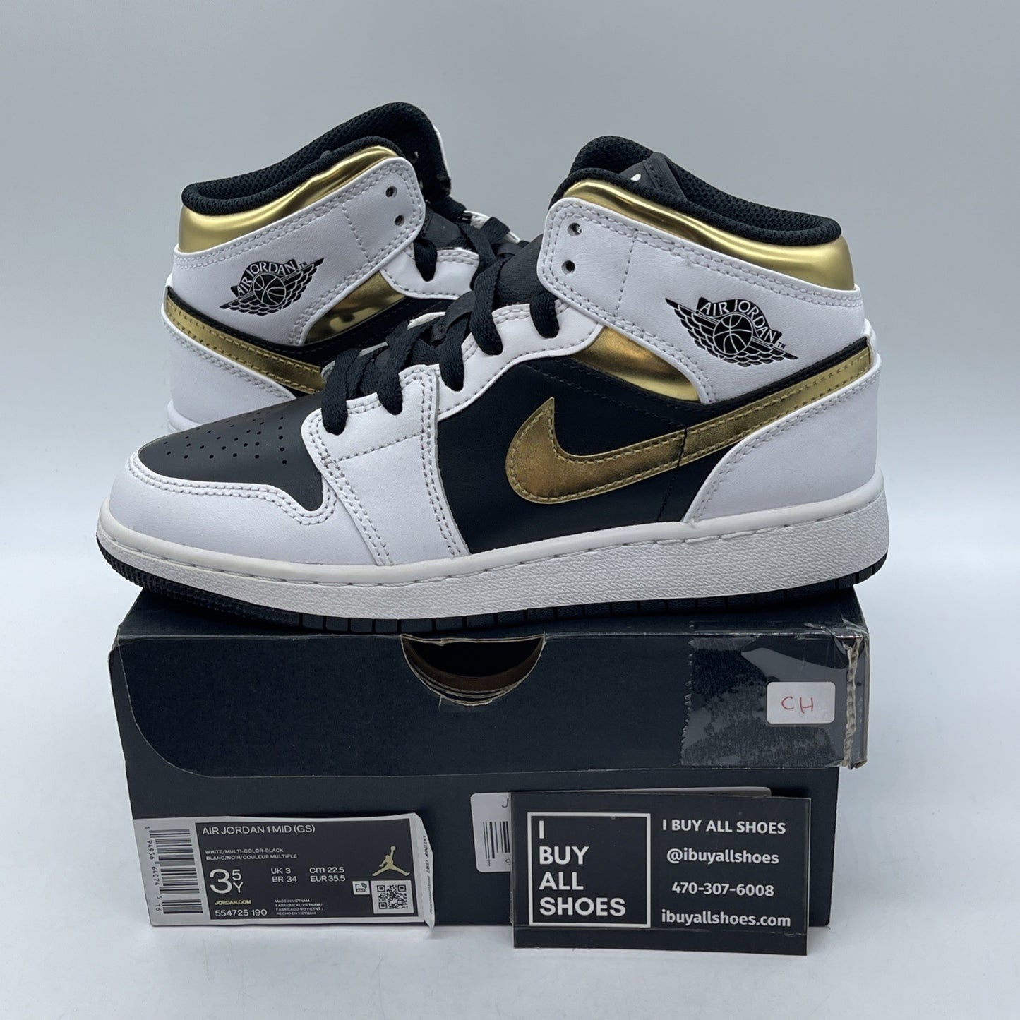 Size 3.5Y - Nike Air Jordan 1 Mid White Gold Black Leather (GS) (554725-190)