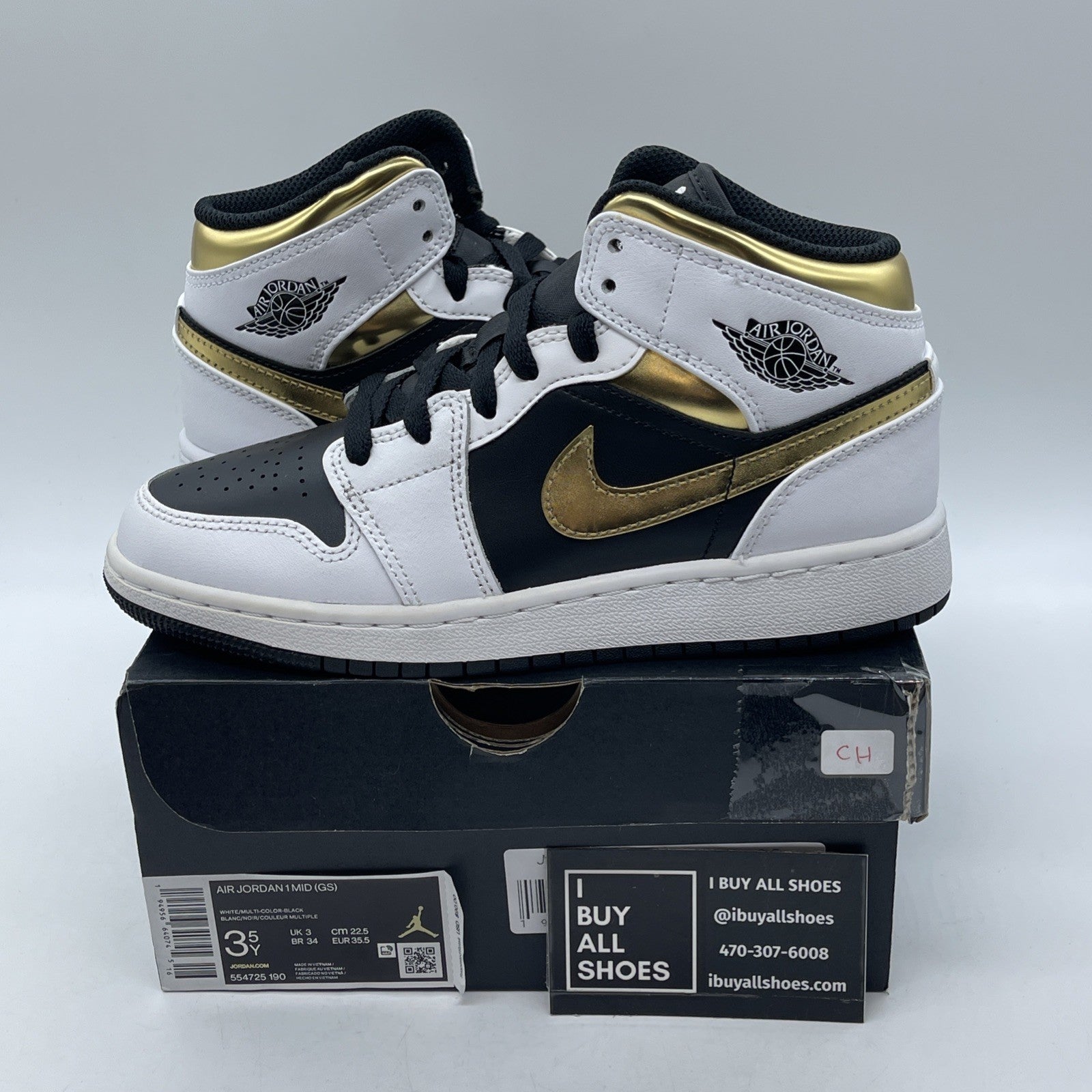 Size 3.5Y - Nike Air Jordan 1 Mid White Gold Black Leather (GS) (554725-190)