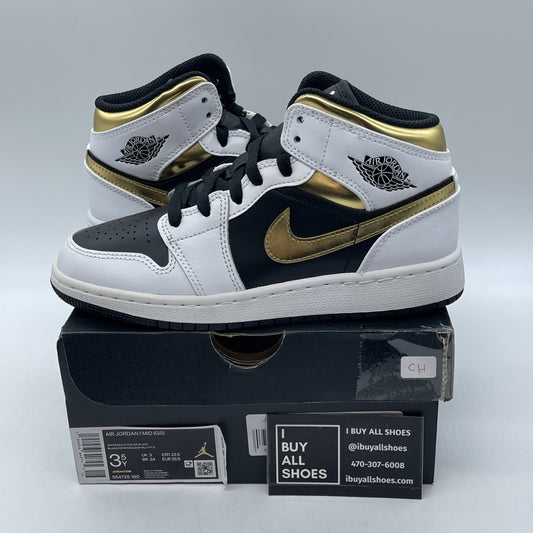 Size 3.5Y - Nike Air Jordan 1 Mid White Gold Black Leather (GS) (554725-190)