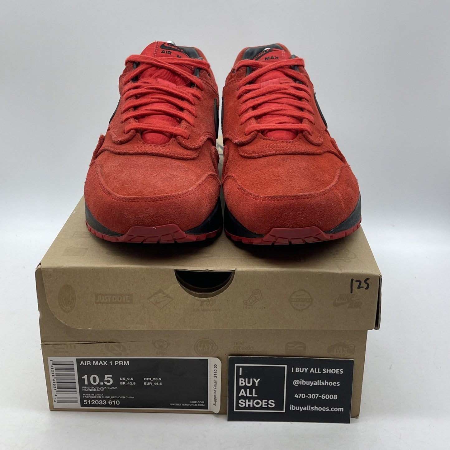 Size 10.5 - Nike Air Max 1 Prm Pimento Black Red Suede (512033-610)