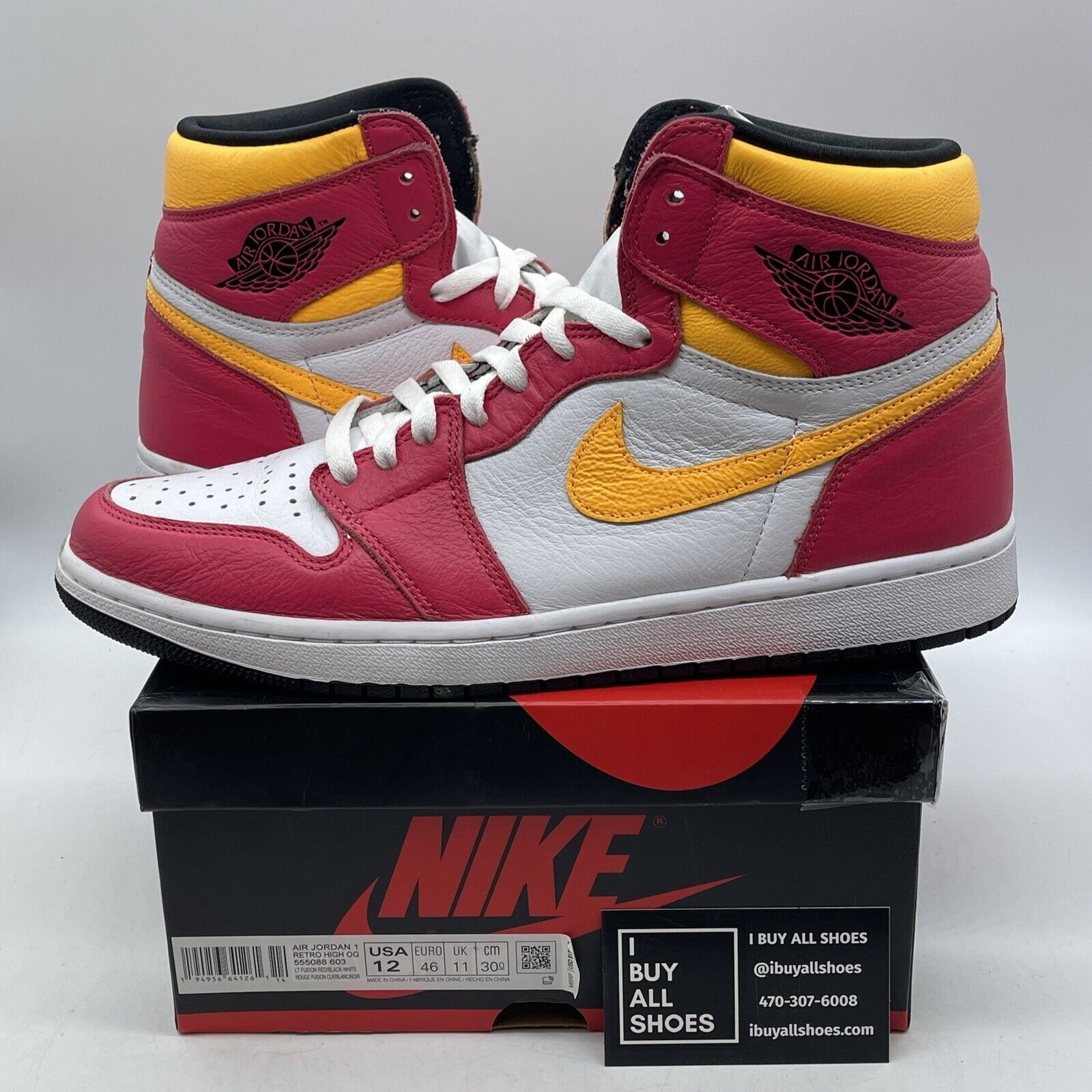 Size 12 - Jordan 1 Retro High OG Light Fusion Red Yellow Leather (555088-603)