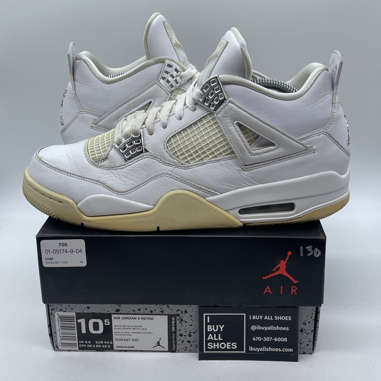 Size 10.5 - Jordan 4 Retro Mid Pure Money White Silver Leather (308497-100)