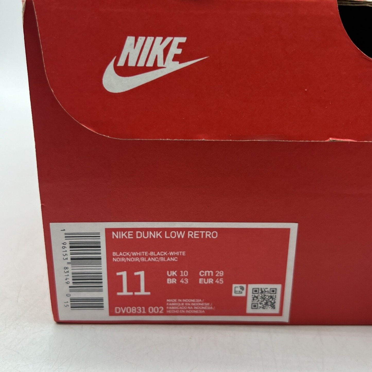 Size 11 - Nike Dunk Low Black Panda 2.0 White Leather (DV0831-002)