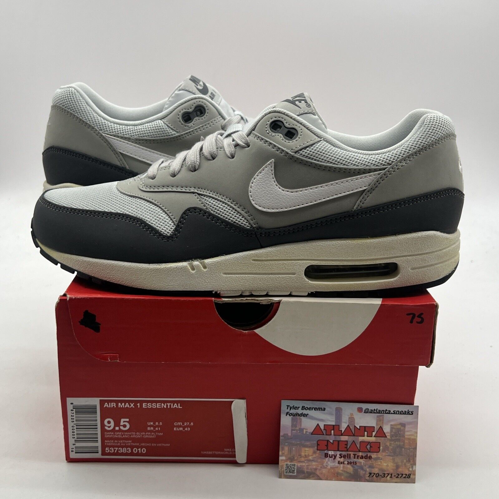 Size 9.5 - Nike Air Max 1 Essential Silver Dark Grey (537383-010)