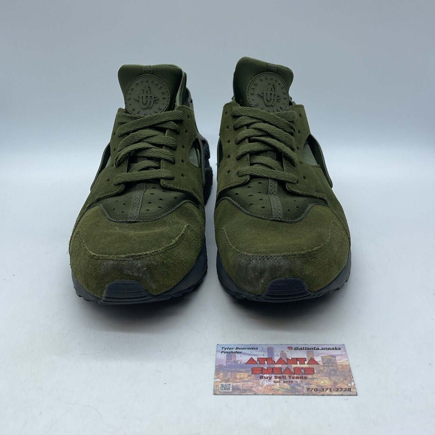 Size 13- Nike Air Huarache SE Legion Green Suede Black Leather (852628-301)