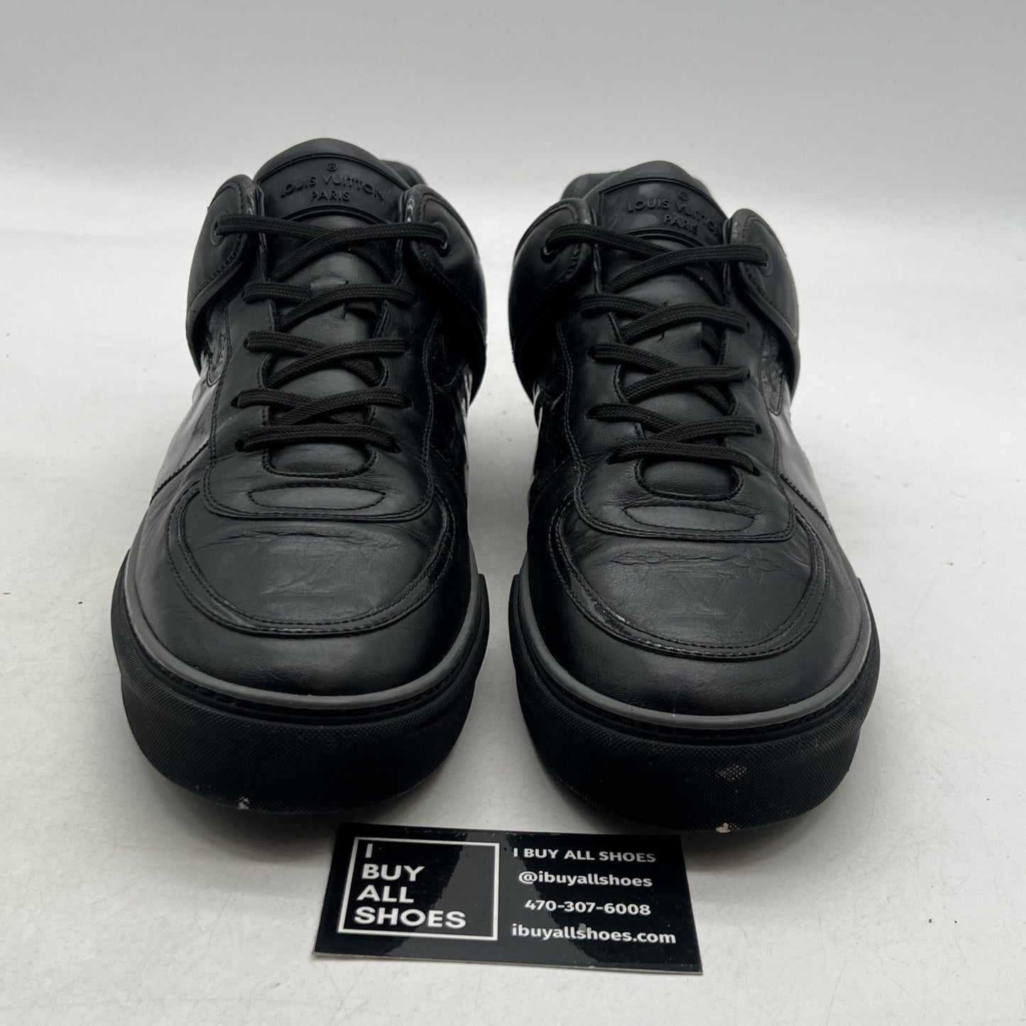 Size 11LV - LOUIS VUITTON MEN'S TOWER BLACK LEATHER LOW TOP "LV" IMPRINT