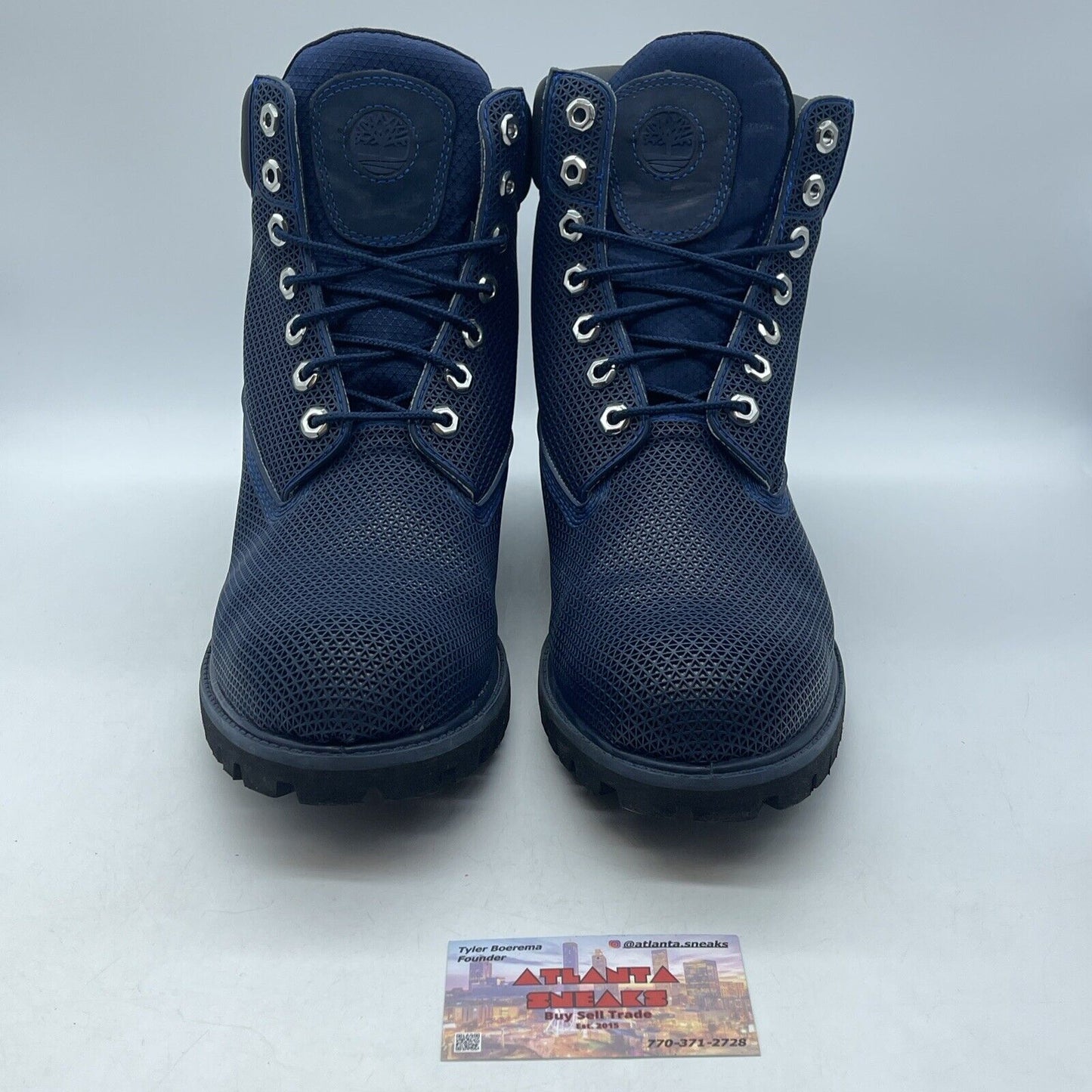 Size 10.5 - Timberland Fabric Mesh Navy Blue Lace Up High Top Boots Leather Blue