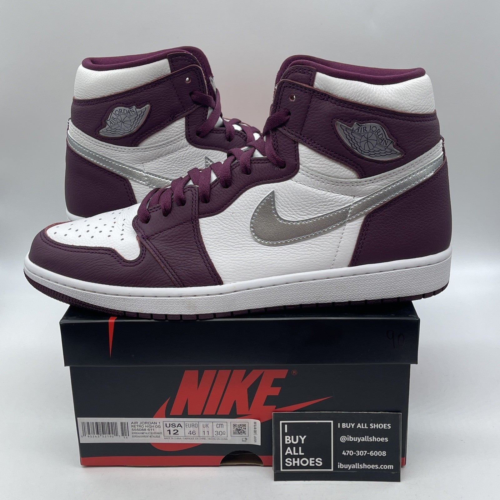 Size 12 - Jordan 1 Retro High OG Bordeaux Silver White Leather (555088-611)