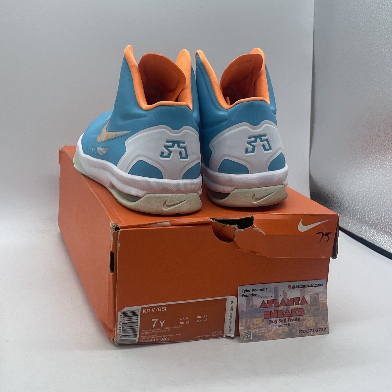 Size 7Y- Nike KD 5 Easter Blue Orange White Leather Suede (554988-402)