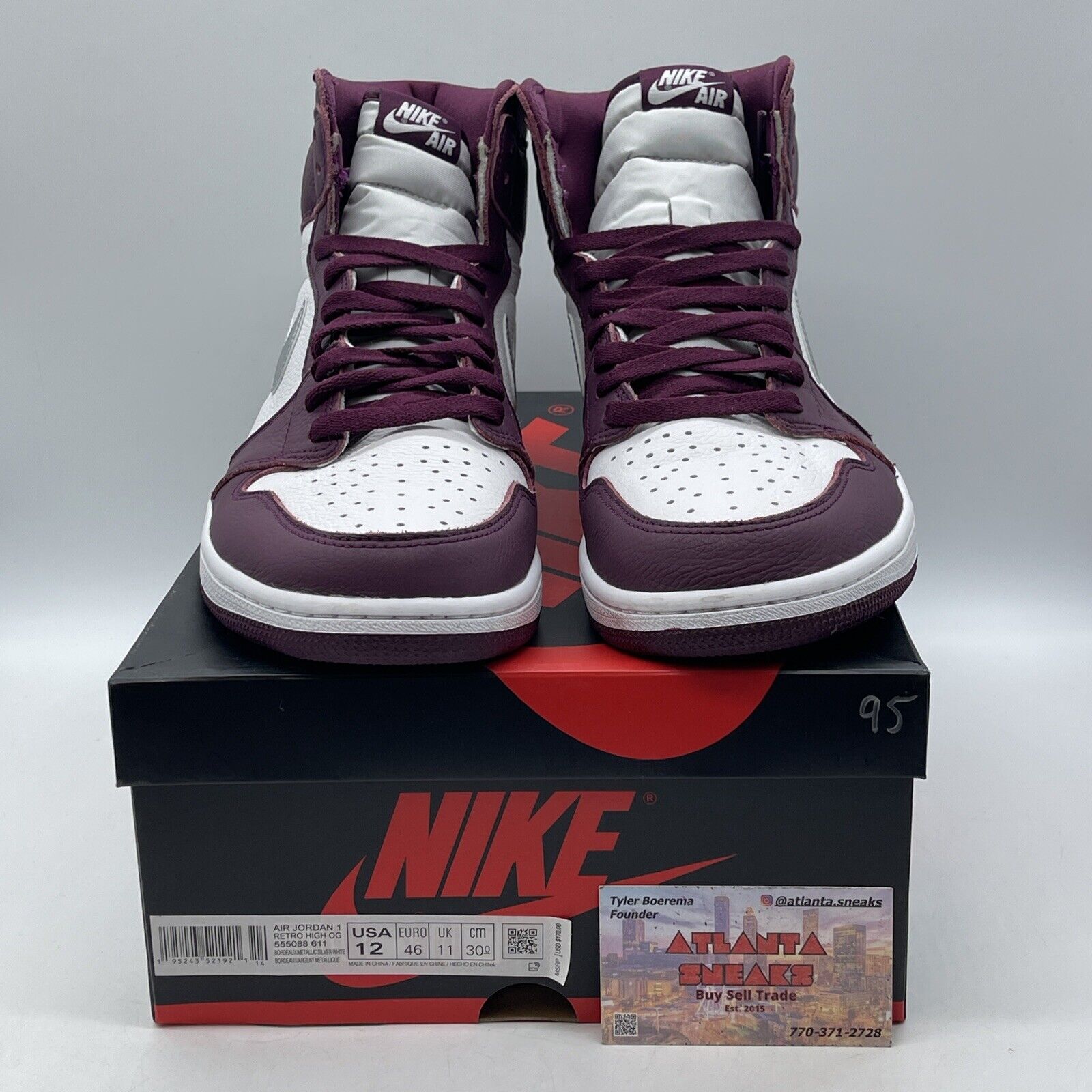Size 12 - Jordan 1 Retro High OG Bordeaux Burgundy White Leather (555088-611)