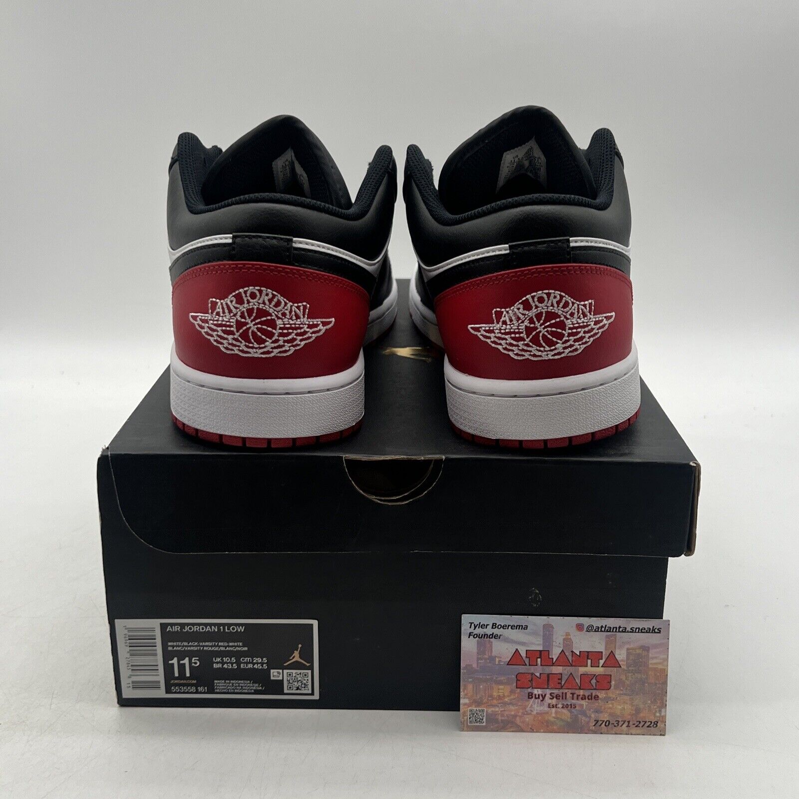 Size 11.5 - Air Jordan 1 Low Bred Toe 2.0 Black White Red Leather (553558-161)