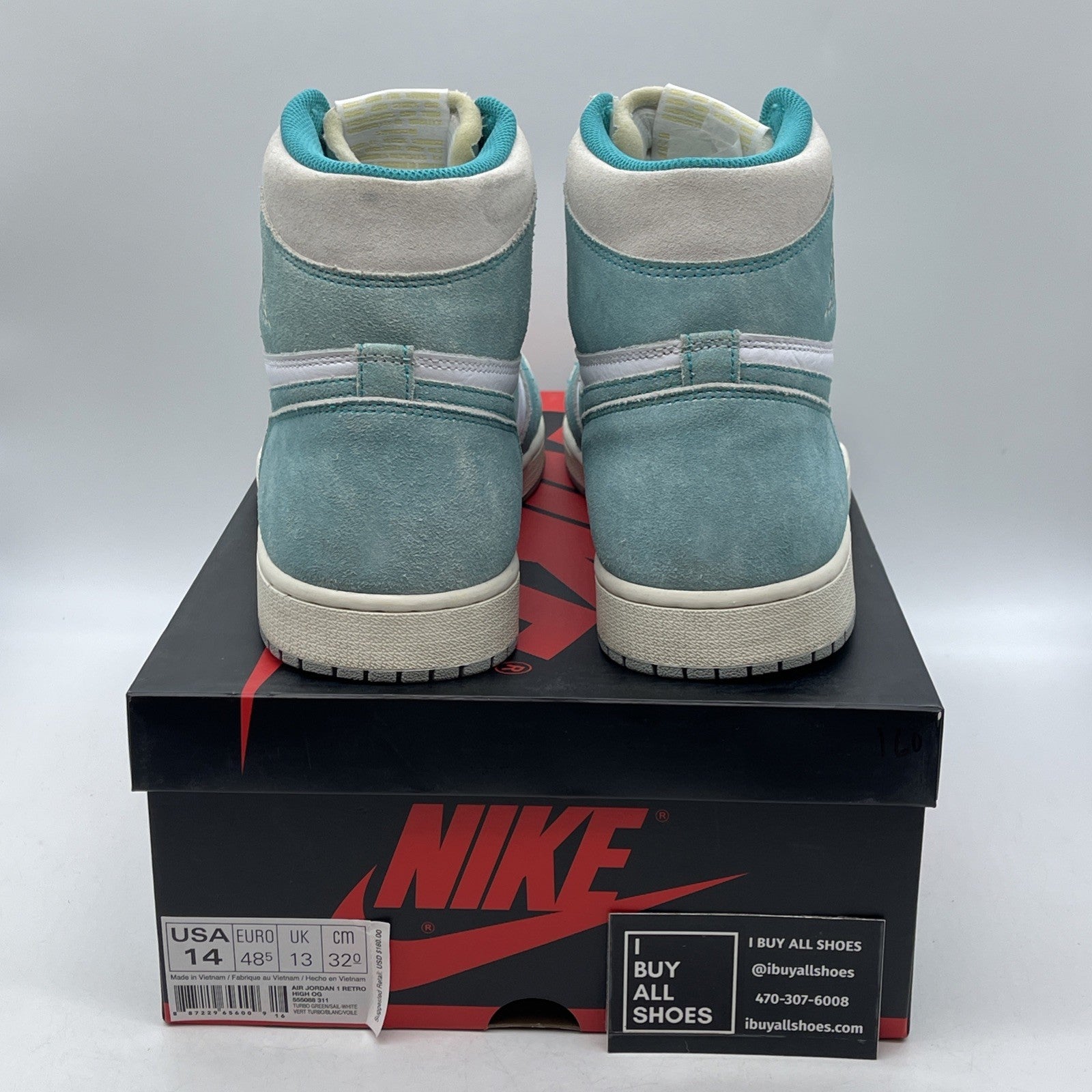 Size 14 - Jordan 1 Retro OG High Turbo Green White Suede Leather (555088-311)