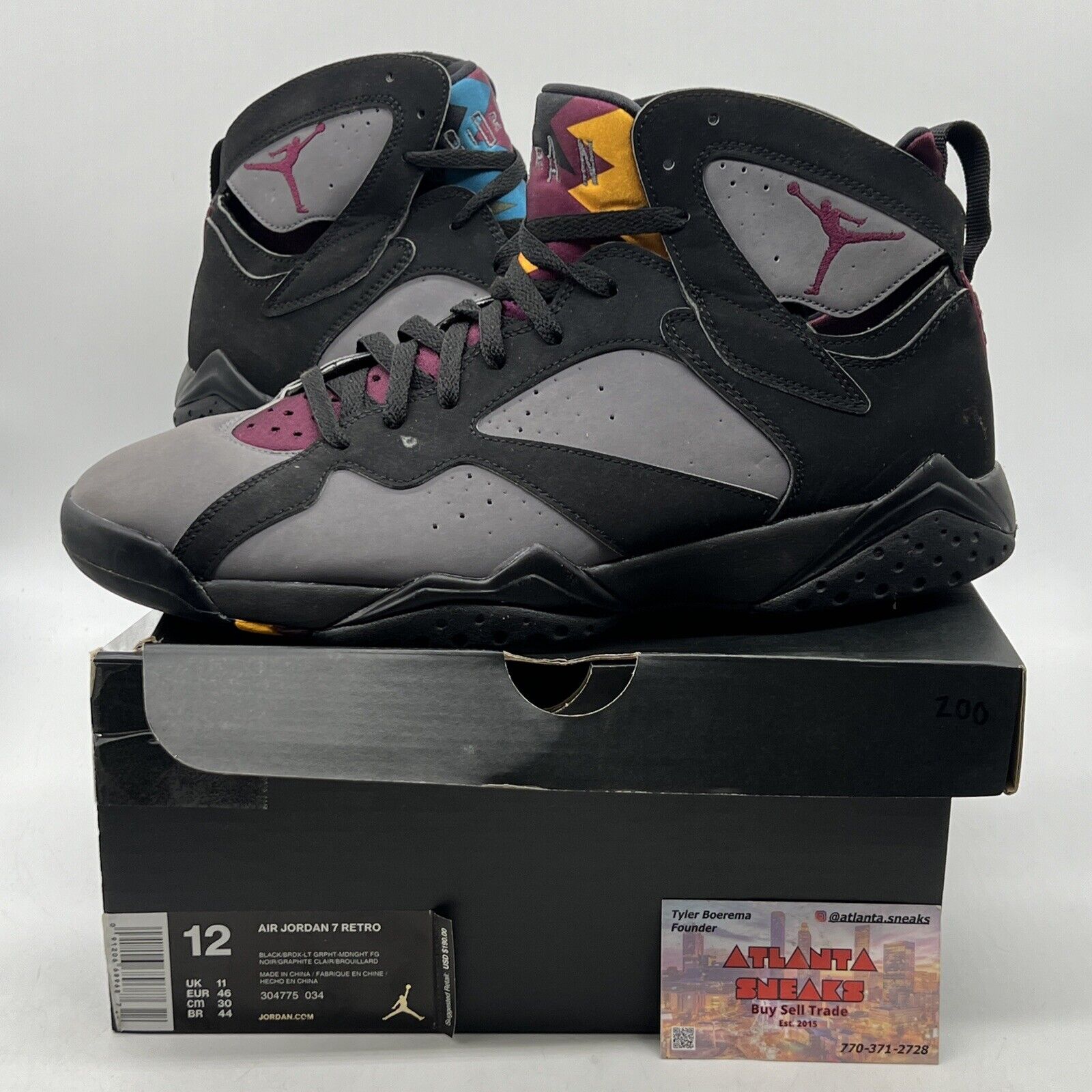 Size 12 - Jordan 7 Retro Bordeaux 2015 Black Grey Suede (304775-034)