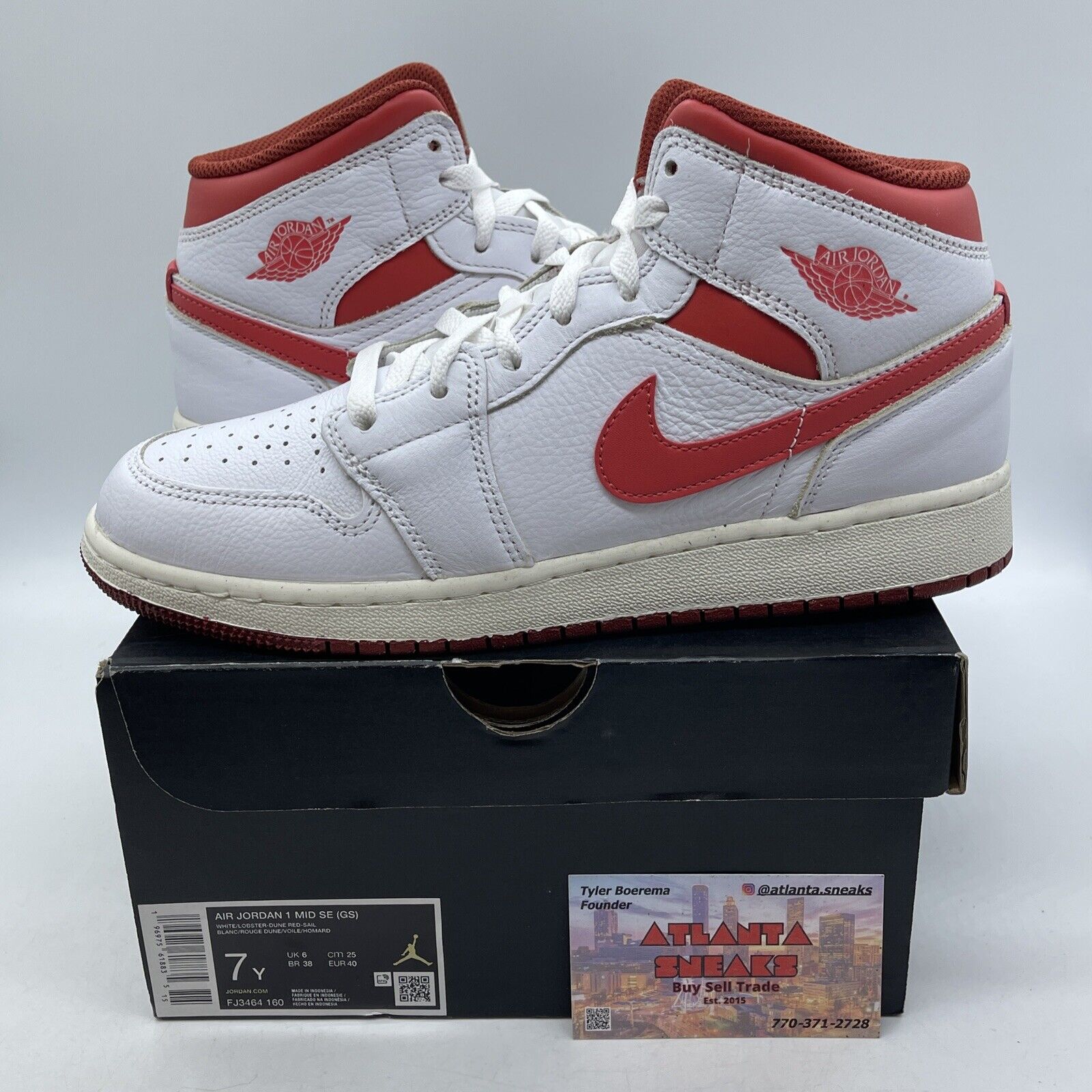 Size 7Y - Air Jordan 1 Mid White Dune Red White Red Leather (FJ3464-160)