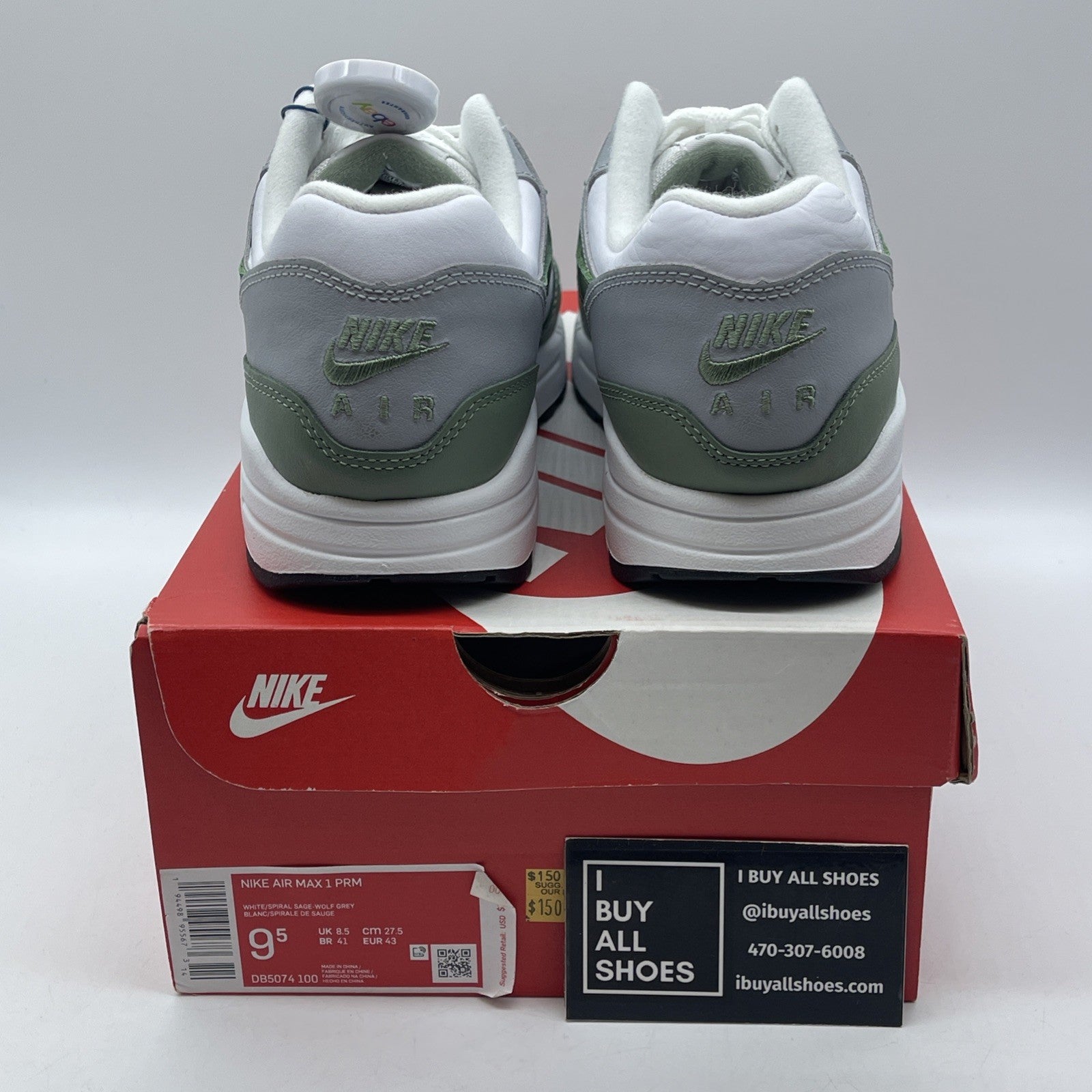 Size 9.5 - Nike Air Max 1 Grey Mint Grey White Leather (AH8145-015)